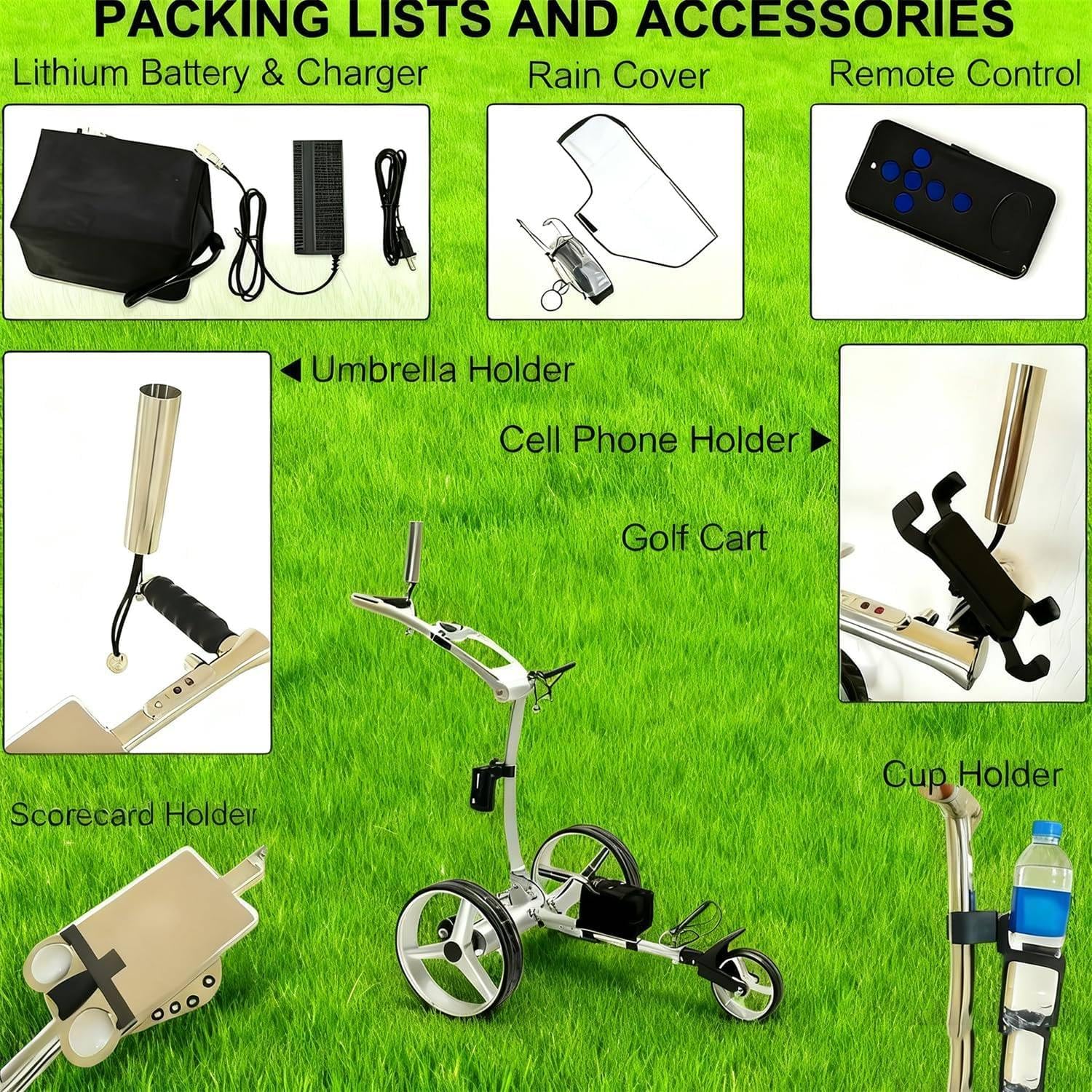 Carrito de golf motorizado con control remoto, carrito eléctrico de 3 ruedas resistente con motor de 400 W, marco de acero resistente, freno de pie, red de malla y soportes
