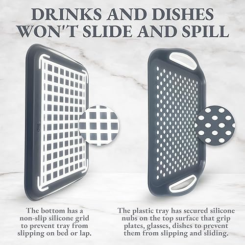 Miniatura 9 de Bandeja rectangular antideslizante para servir con asas de fácil agarre. Nubs de silicona en bandeja de plástico antideslizante para alimentos -