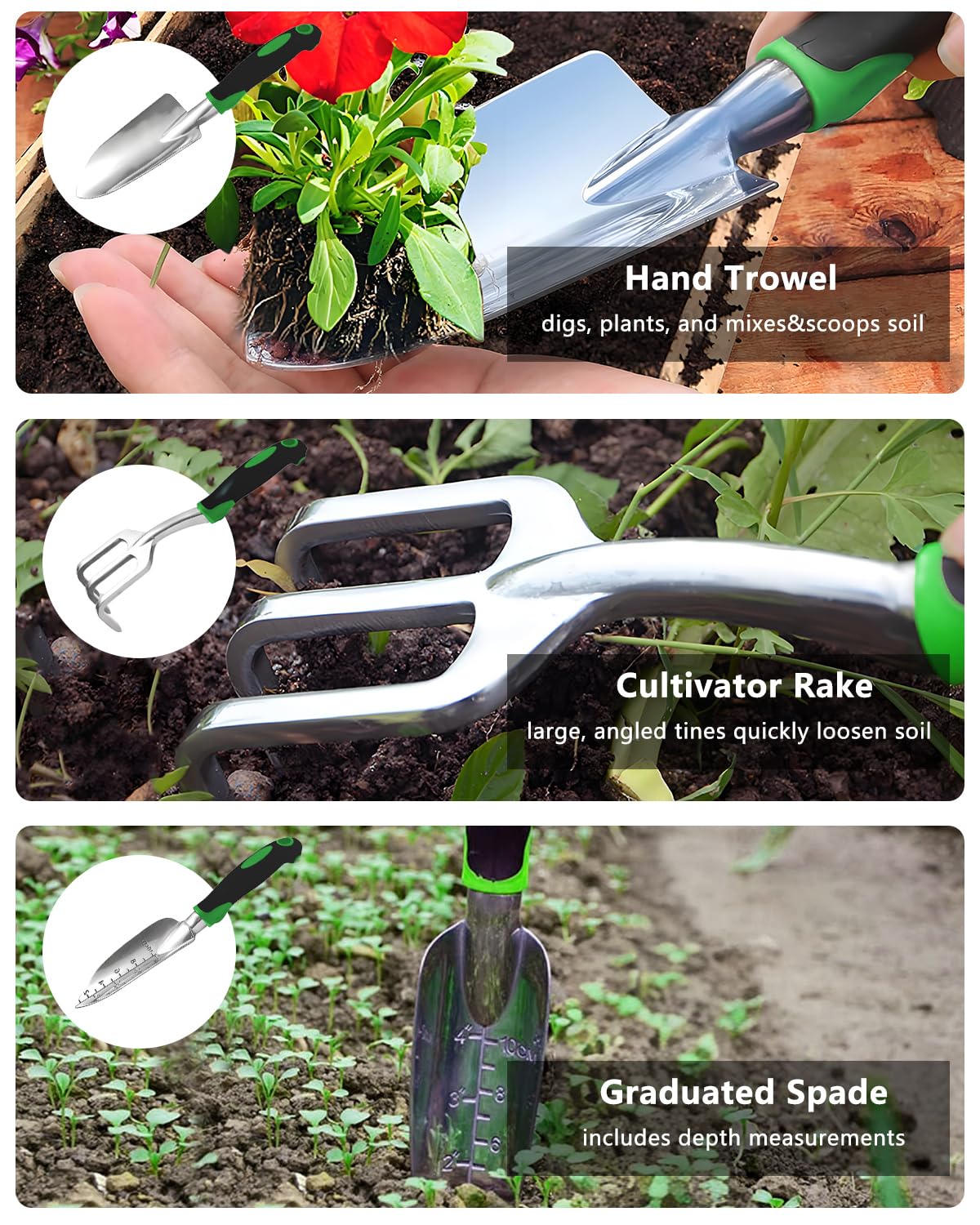 Juego de 10 herramientas de jardín, herramientas de jardinería resistentes con agarre de goma antideslizante, incluye pala, tenedor, rastrillo, guantes de jardinería, bolsa organizadora, regalos para