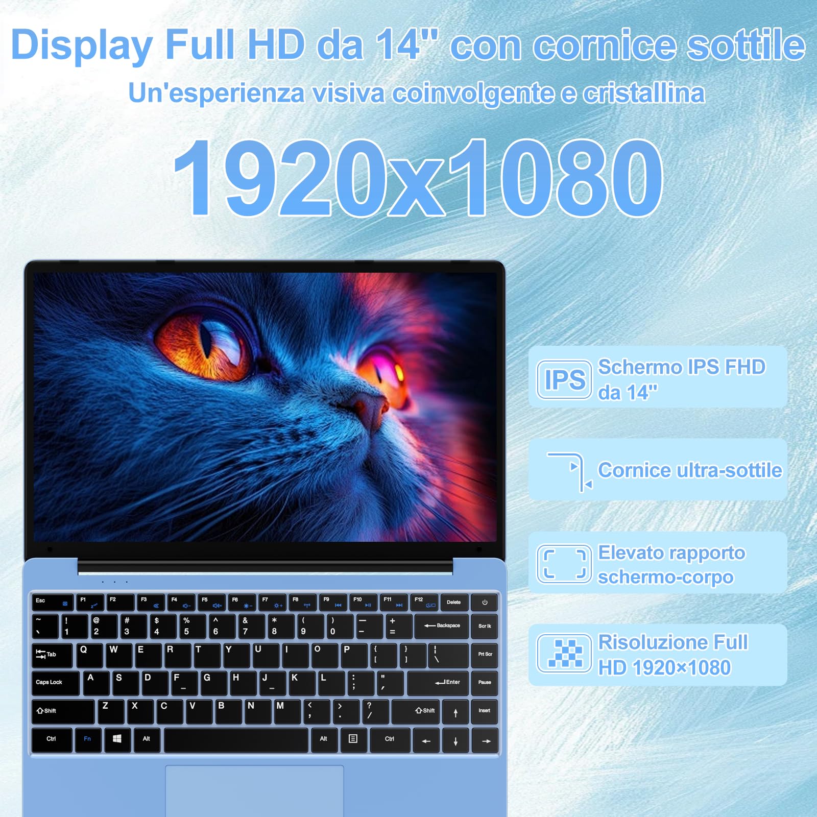 bvate PC Portatile 14 Pollici Notebook Win 11 Computer 256GB 1080P 2.4G+5G Supporta La Scheda SSD La Scheda TF Estesa, Wireless Bluetooth Mouse Wifi, Italiana Tastiera -Blu