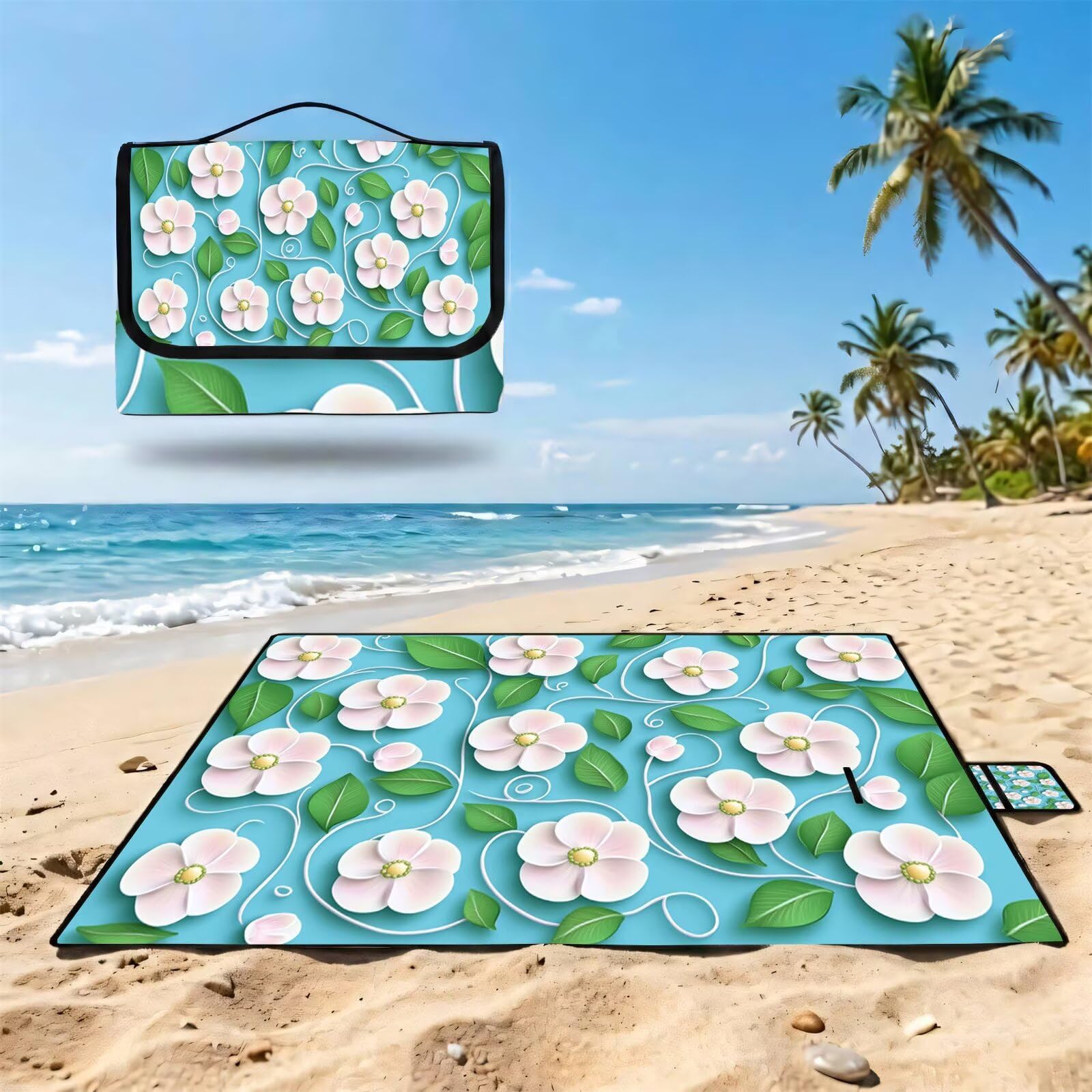 Manta de Picnic Grande 200x200 cm, Cian Manta Picnic Impermeable, Verde Esterilla de Playa Alfombra de Exterior, Picnic Blanket Plegable con Asa para Camping, Jardín, Césped, Playa, Senderismo FZ-204