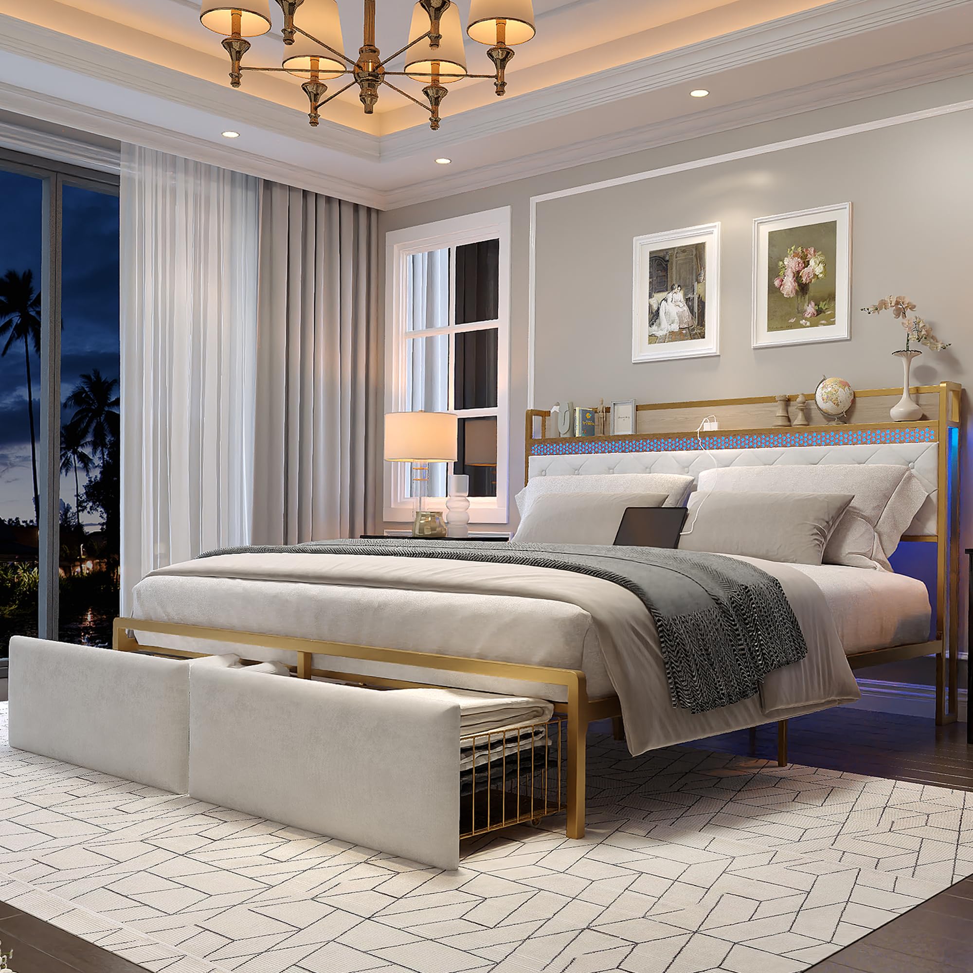 IDEALHOUSE Queen Size Bed Frame with Storage Headboard and 2 Drawers, Platform Metal Queen Bed Frame with LED Lights and Charging Station, Noise Free, No Box Spring Needed, White