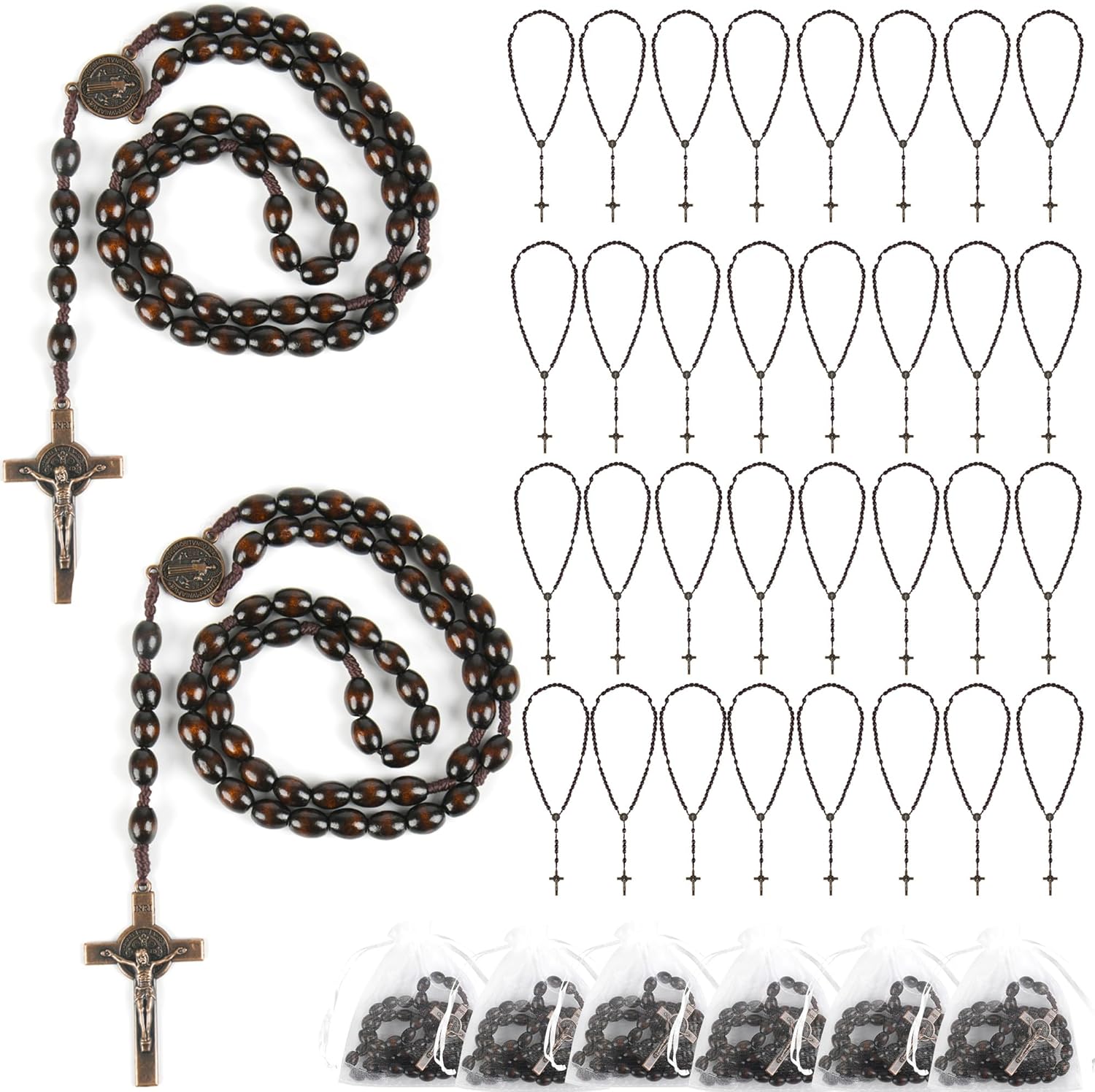 60 Set Wooden Rosary Beads Bulk Wood Rosaries Catholic Beads for Men Women Jesus Holy Crucifix Cross Rosary with Organza First Communion Baptism Favors Religious Christians Church Presen (Dark brown)