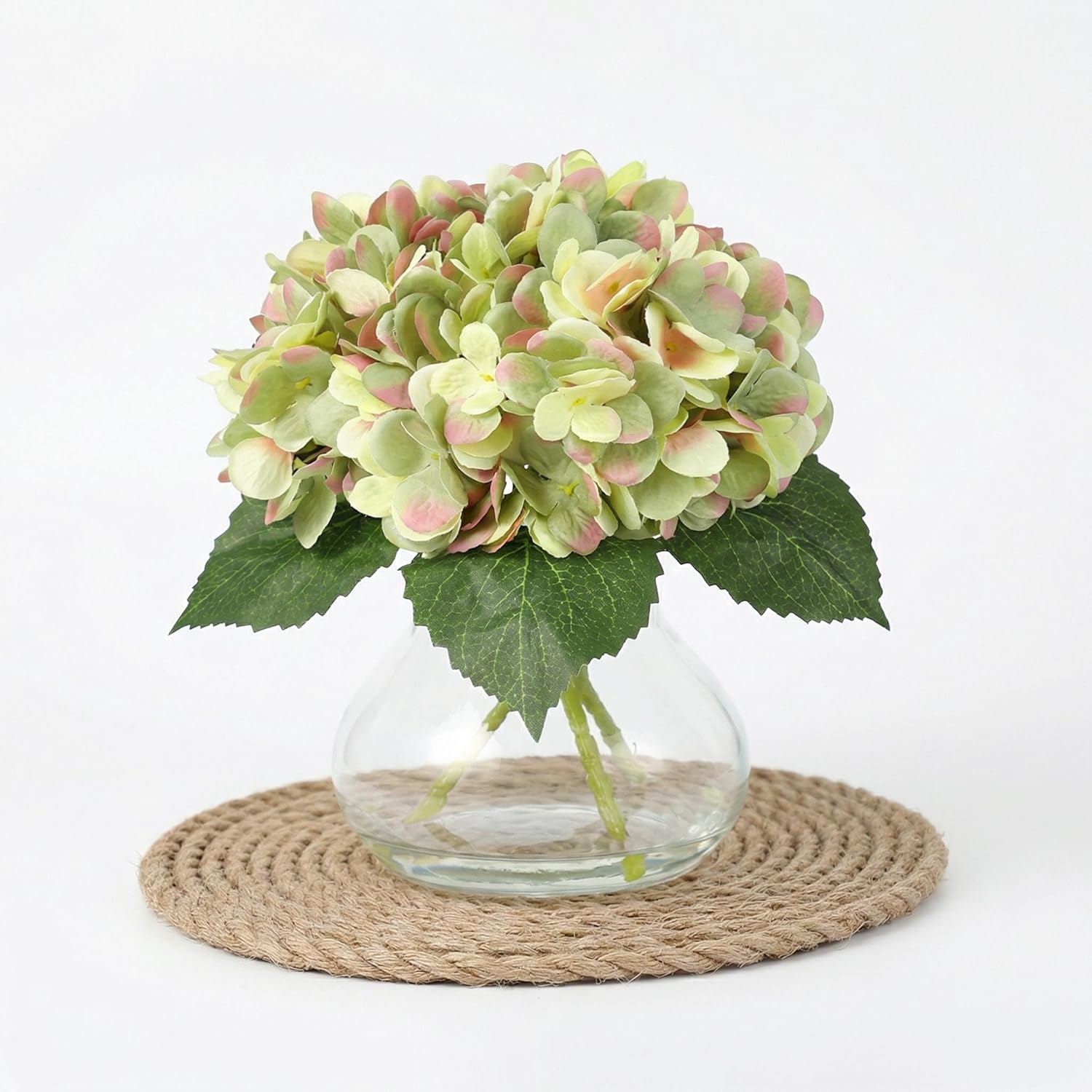 Garvee Green Faux Hydrangea Flowers with Glass Vase, Silk Artificial Flower Arrangement with Faux Water, Fake Flowers in Vase for Table Centerpieces, Shelf Bathroom Decor, Home & Wedding Decoration