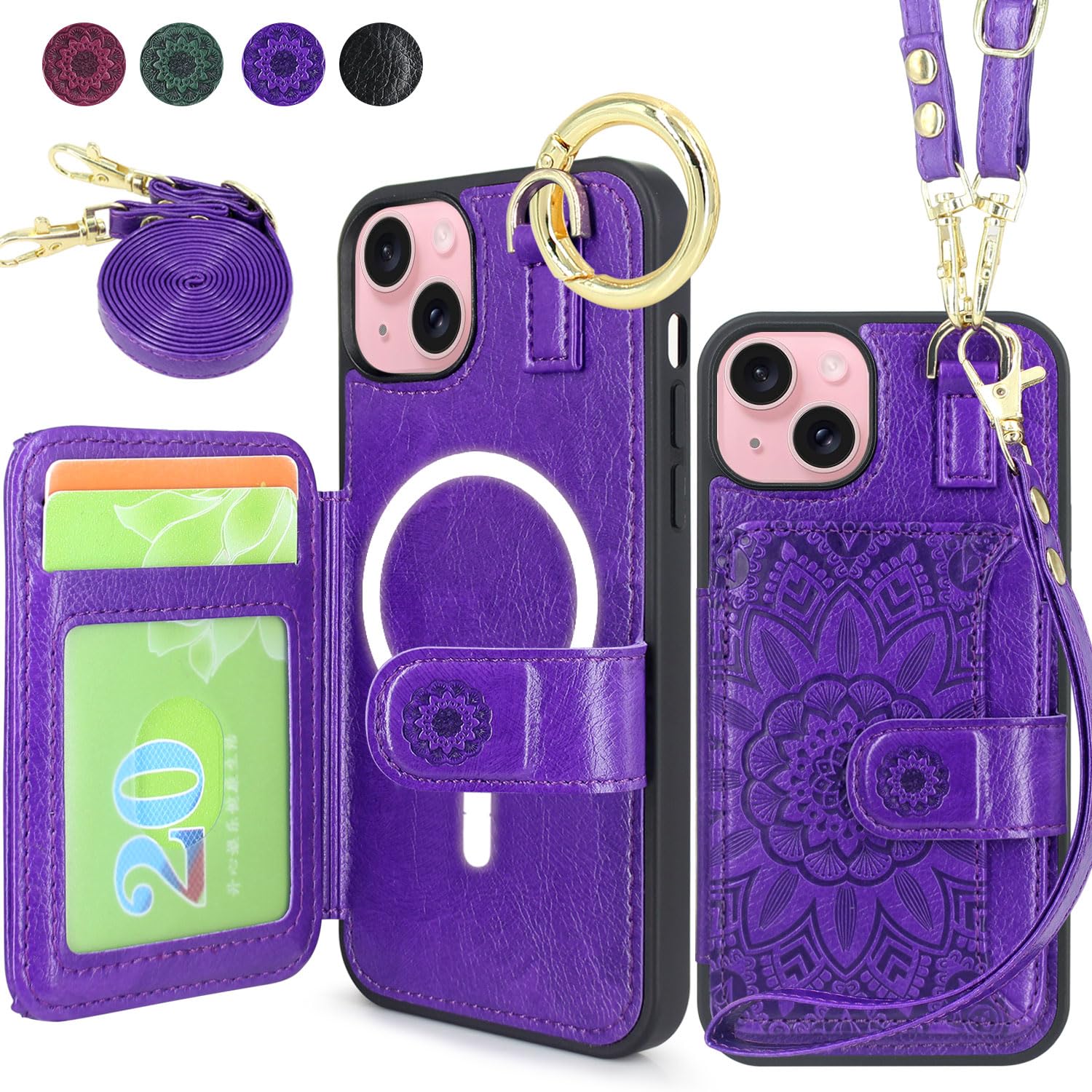 HarryshellCrossbody Magnetic Wallet Case for iPhone 15 / iPhone 14 / iPhone 13 Compatible with MagSafe Wireless Charging Protective Phone Cover Card Slots Holder Kickstand Lanyard (Floral Purple)