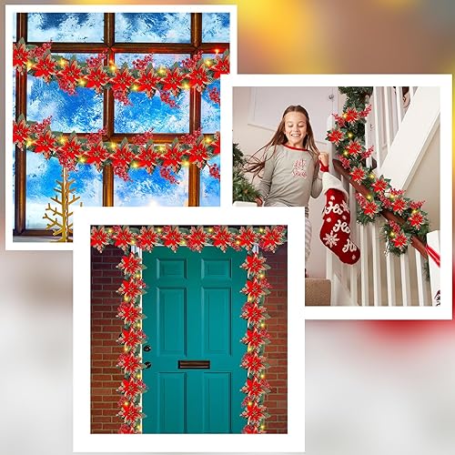 Miniatura 6 de Ceenna 4 guirnaldas de Pascua de Navidad con luces de 26 pies preiluminadas, flores de Pascua artificiales de Navidad con bayas, hojas de acebo,