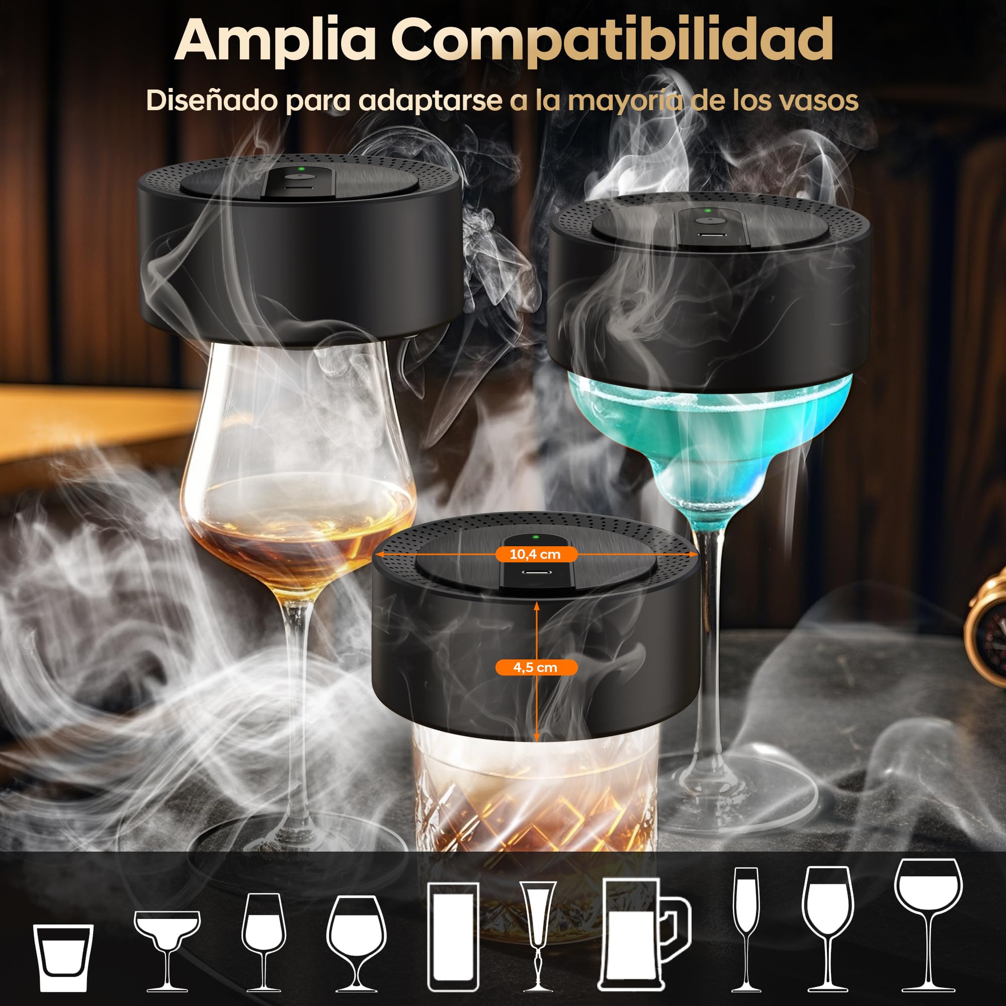 Kit Ahumador Eléctrico Para Cócteles, Ahumador Whisky Old Fashioned Con 8 Sabores de Virutas de Madera, Recargable USB-C Para Bebidas, Bourbon, Cócteles, Vino, Café Y Alimento, Regalo hombres