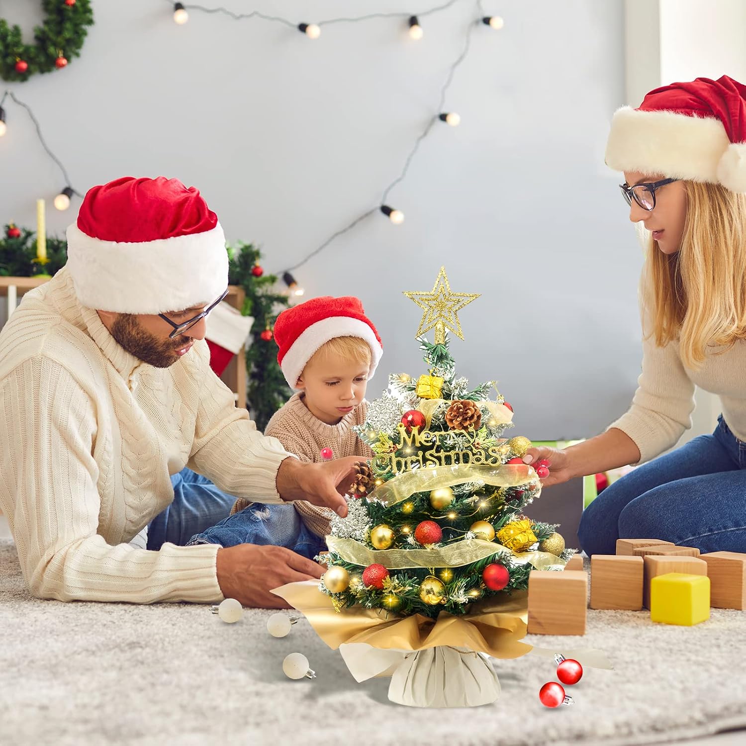 20" Mini Christmas Tree, Artificial Mini Christmas Tree with Warm Lights, Star Treetop and Ornaments, Battery Operated Tabletop Christmas Tree for DIY Christmas Decoration Gifts (Battery not included)