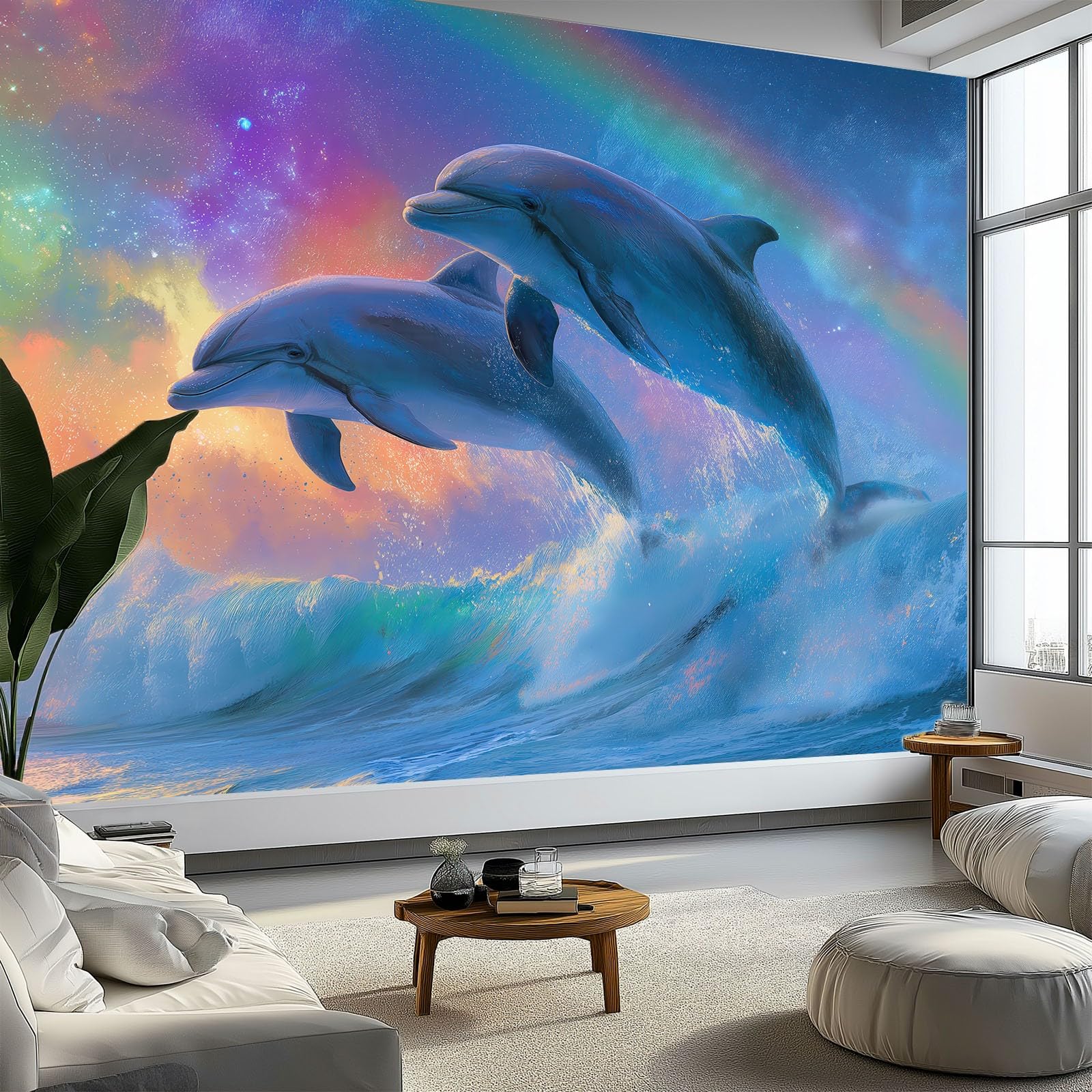 Fototapeta 3D 200 x 140 cm do pokoju dziecięcego tapeta z włókniny Onyryczna niebieska powierzchnia wody tęcza delfiny - dekoracja ścienna do pokoju chłopców i dziewcząt, łatwy montaż