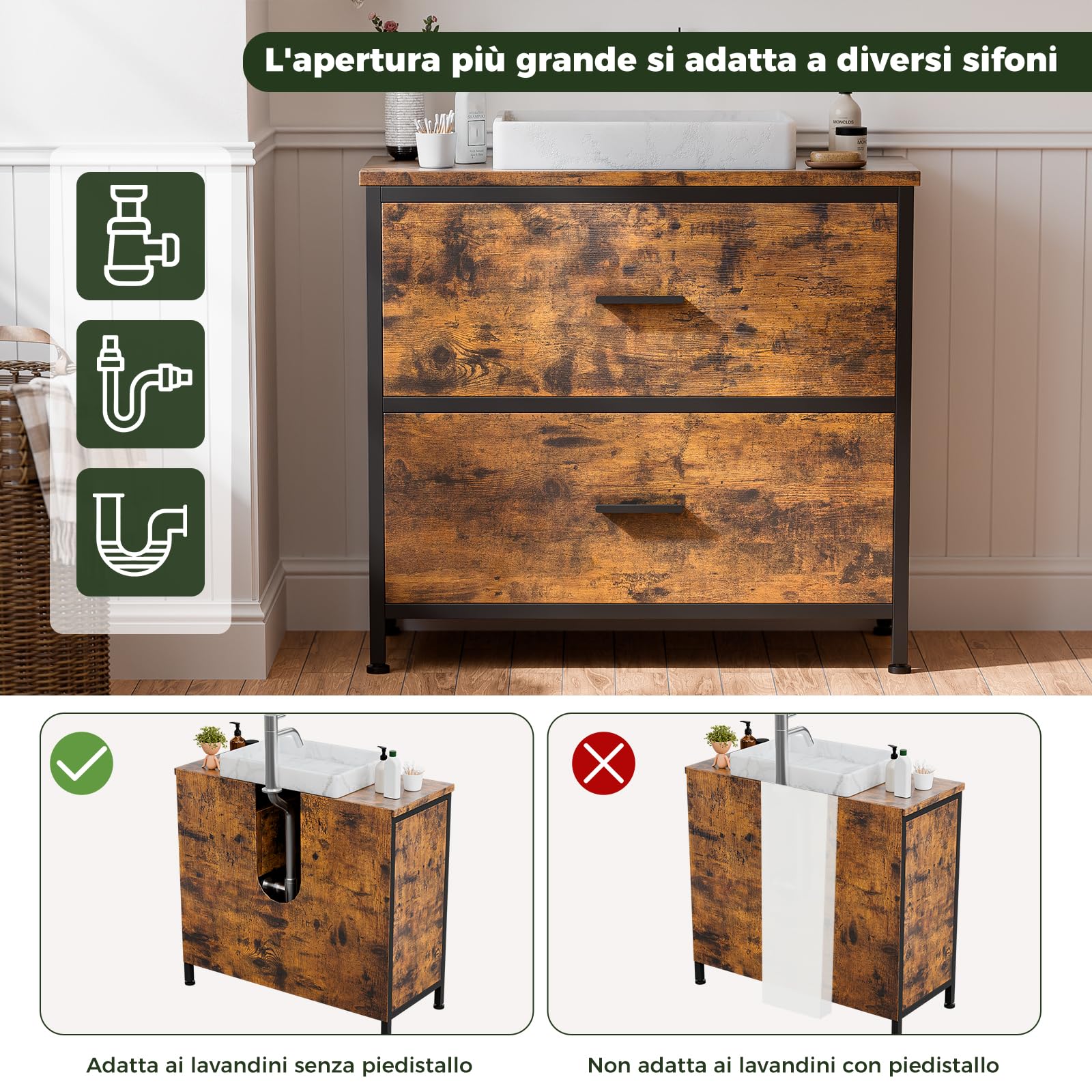 ELUCHANG Mobile Sottolavabo per Bagno, Mobiletto da Bagno, 2 Cassetti,60x30x60cm, Mobile in legno MDF E1 e metallo, Antiacqua e antimuffa, Ideale per bagno piccolo e WC ospiti, con Piedini