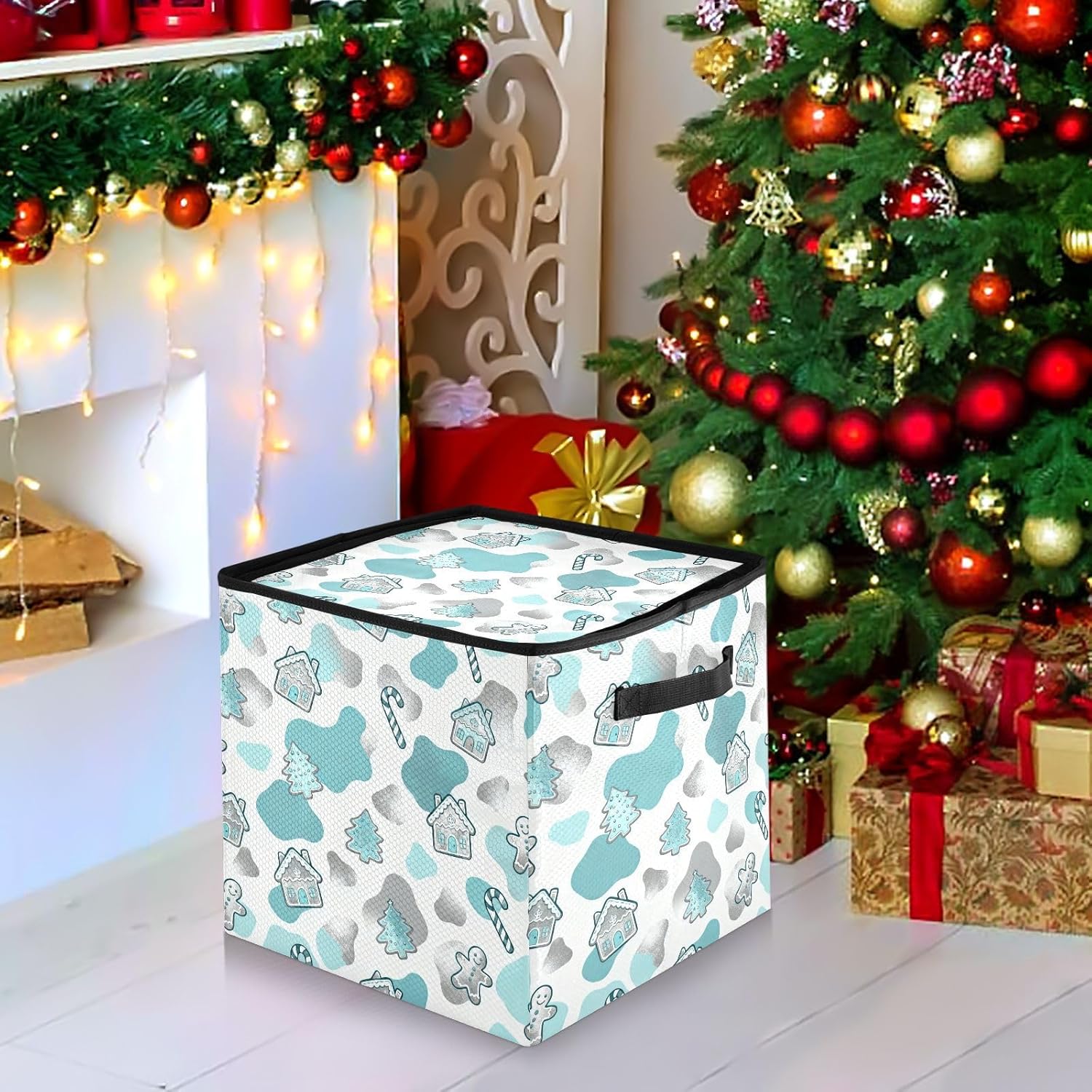 High Capacity Christmas ornament organizer Holds Up to 64, Adjustable Dividers stackable Holiday Storage Case with Lid,Christmas Cow Fur Print Turquoise and White