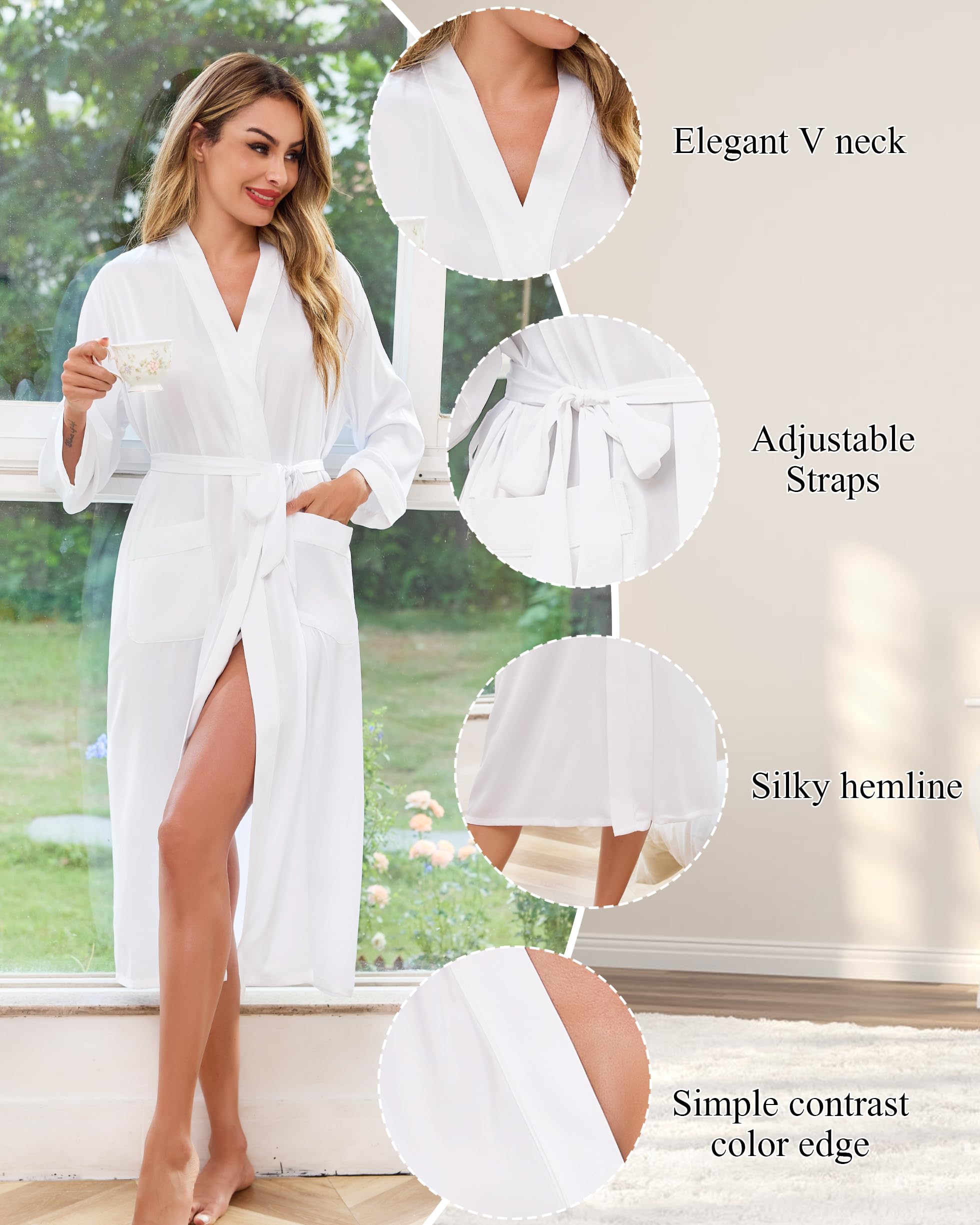 Sopesil Peignoir de Bain Femme Satin Longue Robe de Bain Peignoir de Mariée Kimono Femme avec Poches Confortable pour Maison Toutes Saisons Tailles S-XXL