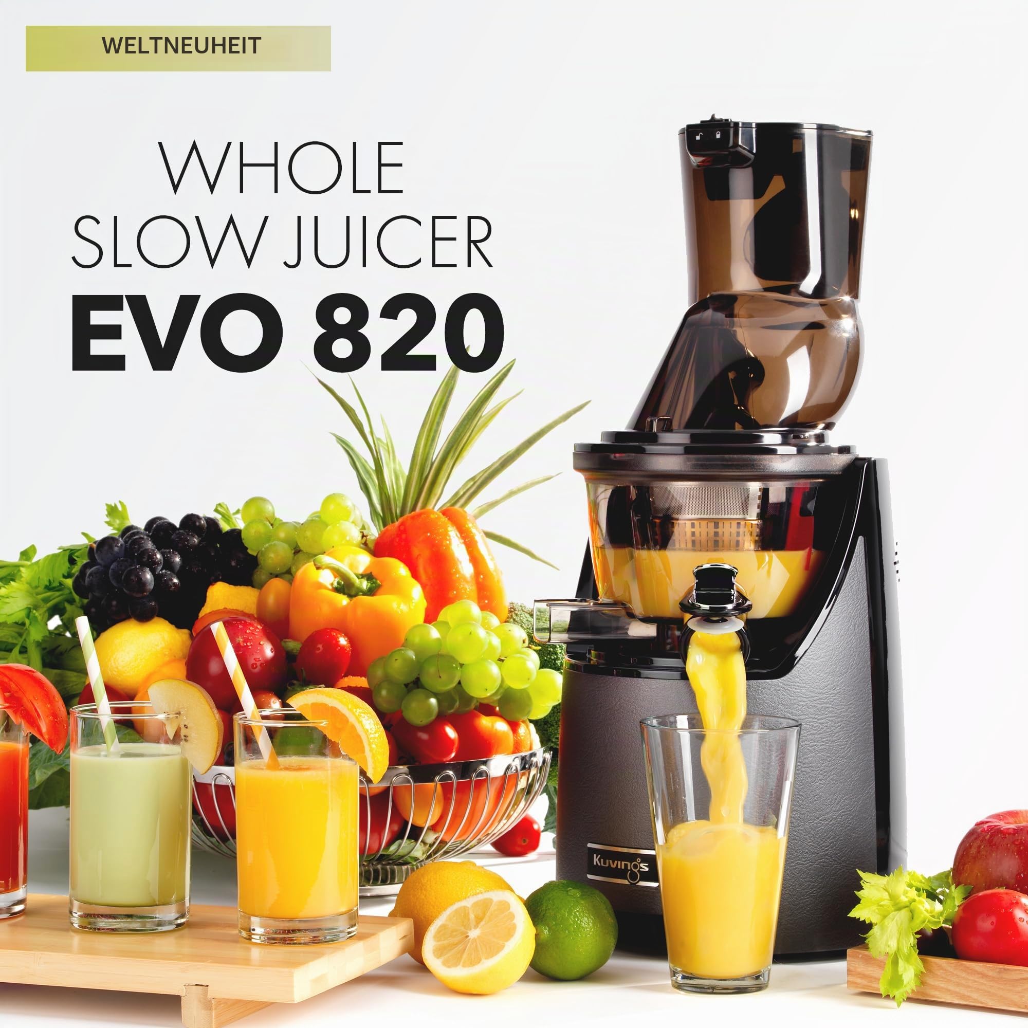 Kuvings EVO820 Slow Juicer Saftpresse – Entsafter mit großem Einfüllschacht und starkem 240W Motor für gesunde Obst- und Gemüsesäfte (Gray)