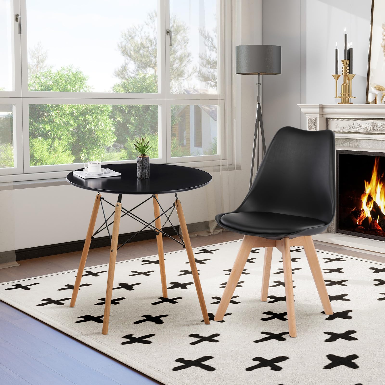 H.J WeDoo Tisch und Stühle Set, Essgruppe Schwarz Tisch mit 2 Schwarzer Stühlen für Esszimmer Küche Wohnzimmer | Essgruppen Runder Tisch 80 cm, Moderner Design, Massivholzbeine, für Balkon Küche Wohnzimmer Büro, Schwarzer Stühle
