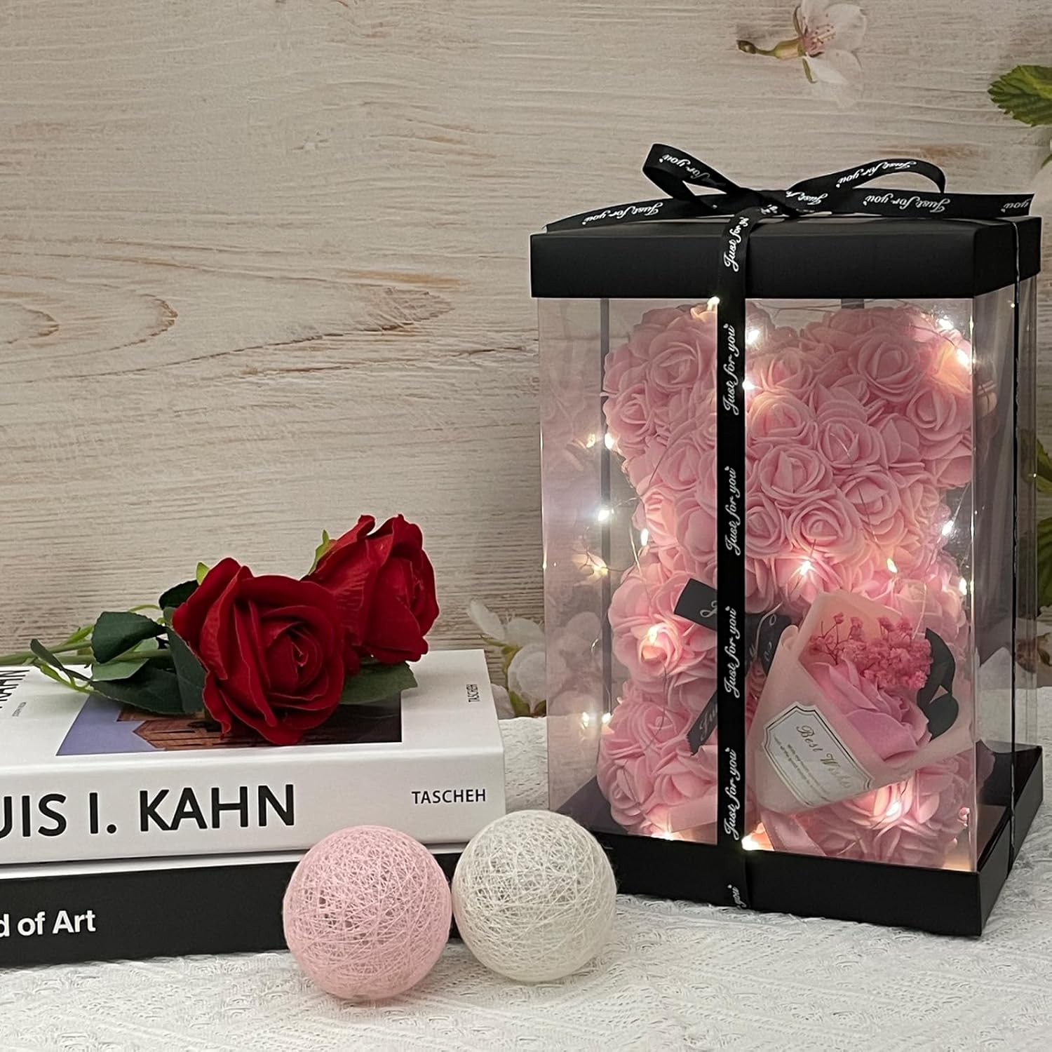 Romantic Valentines Day Gift for Her, Artificial Flowers Bouquet Necklace Rose Teddy Bear with Real Pearl Blind Box Birthday Gift, Valentiness Day Gift for Monther Wife Girl (Pink)