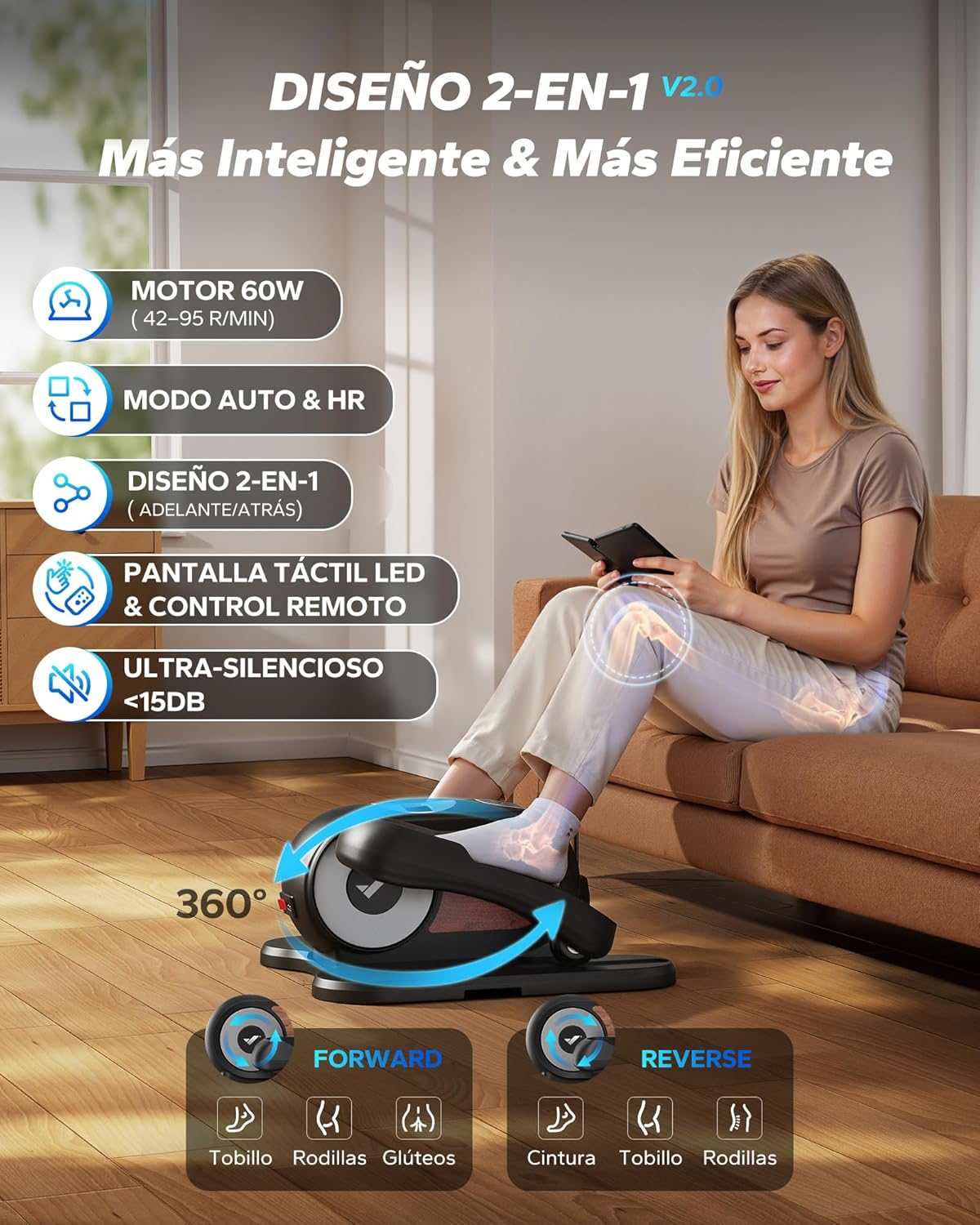 MERACH E32-2025 Mini Electric Elliptical with key features highlighted: 60W motor, auto & HR mode, 2-in-1 design (forward/reverse), LED touch screen & remote control, ultra-silent <15dB.