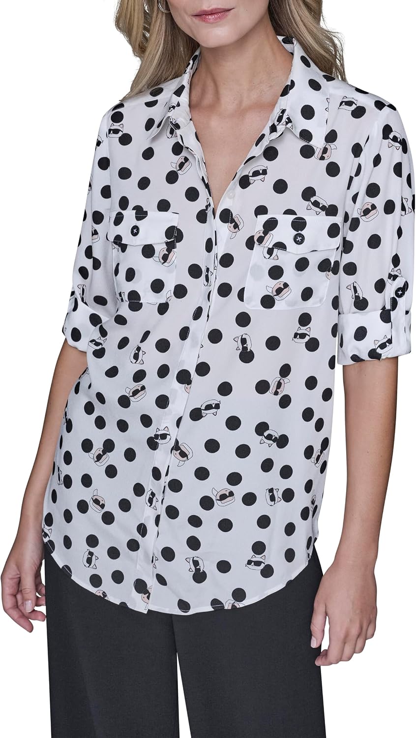 Karl Lagerfeld Women's Whimsical Fun Print Fashion Logo Blouse