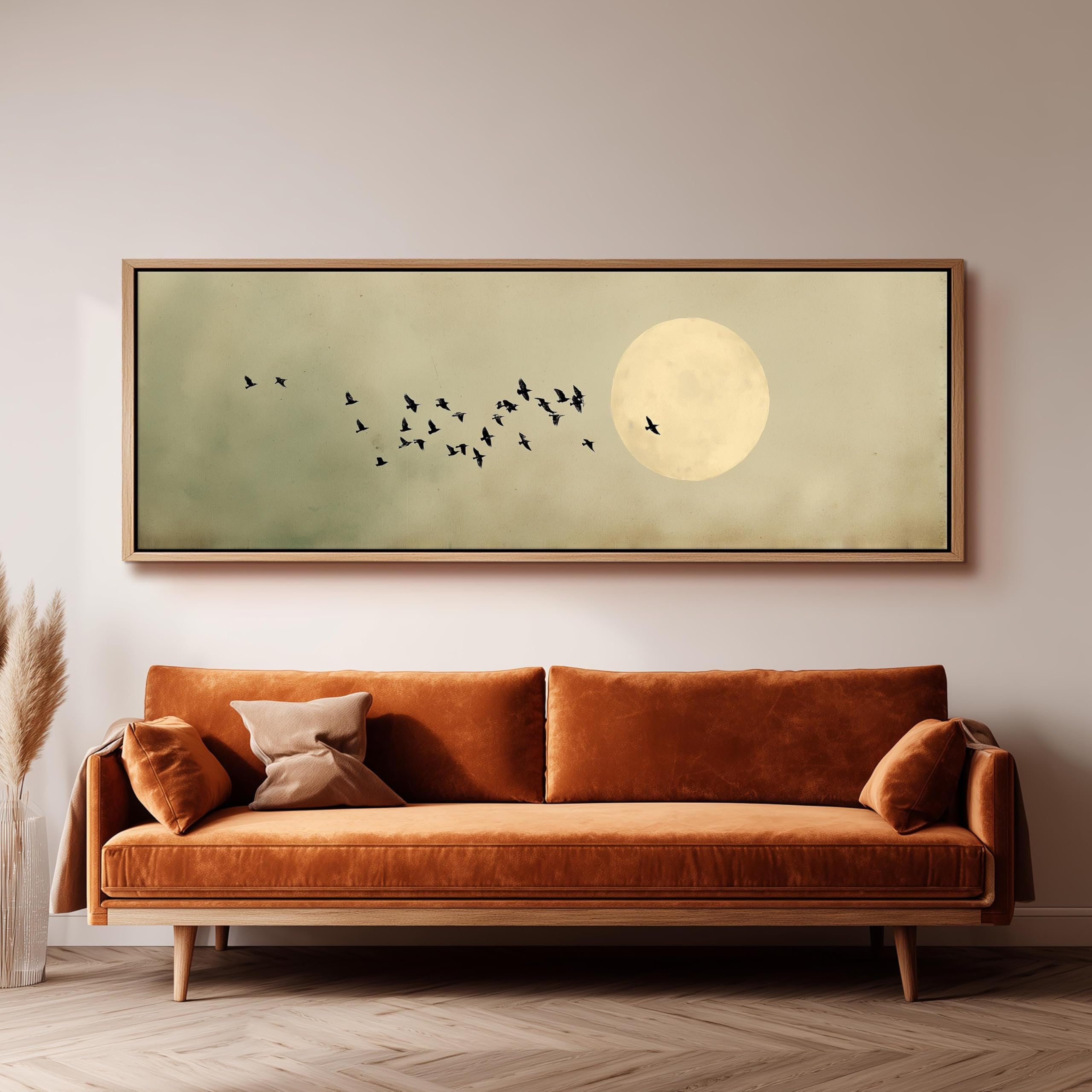 XBTYKPB Tableau Japandi Pleine Lune, Impression sur Toile Oiseaux en Vol, Format Large, Vue du Ciel Horizontale, Impression sur Toile, Peinture Milieu du XXe siècle (50x150cm/Cadre Intérieur)