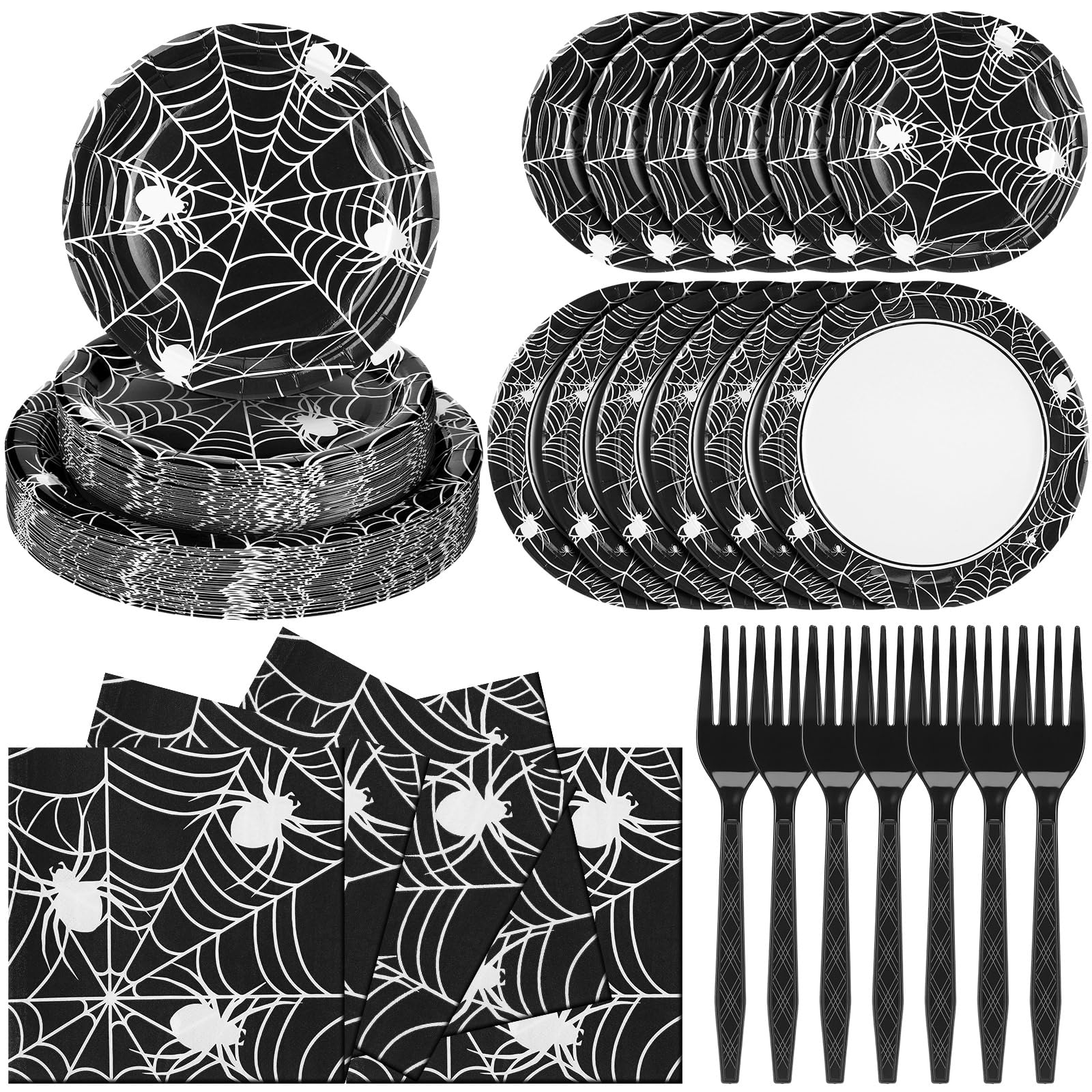 160 Pcs/ 40 Sets Halloween Plates Napkins Forks Spider Party Supplies