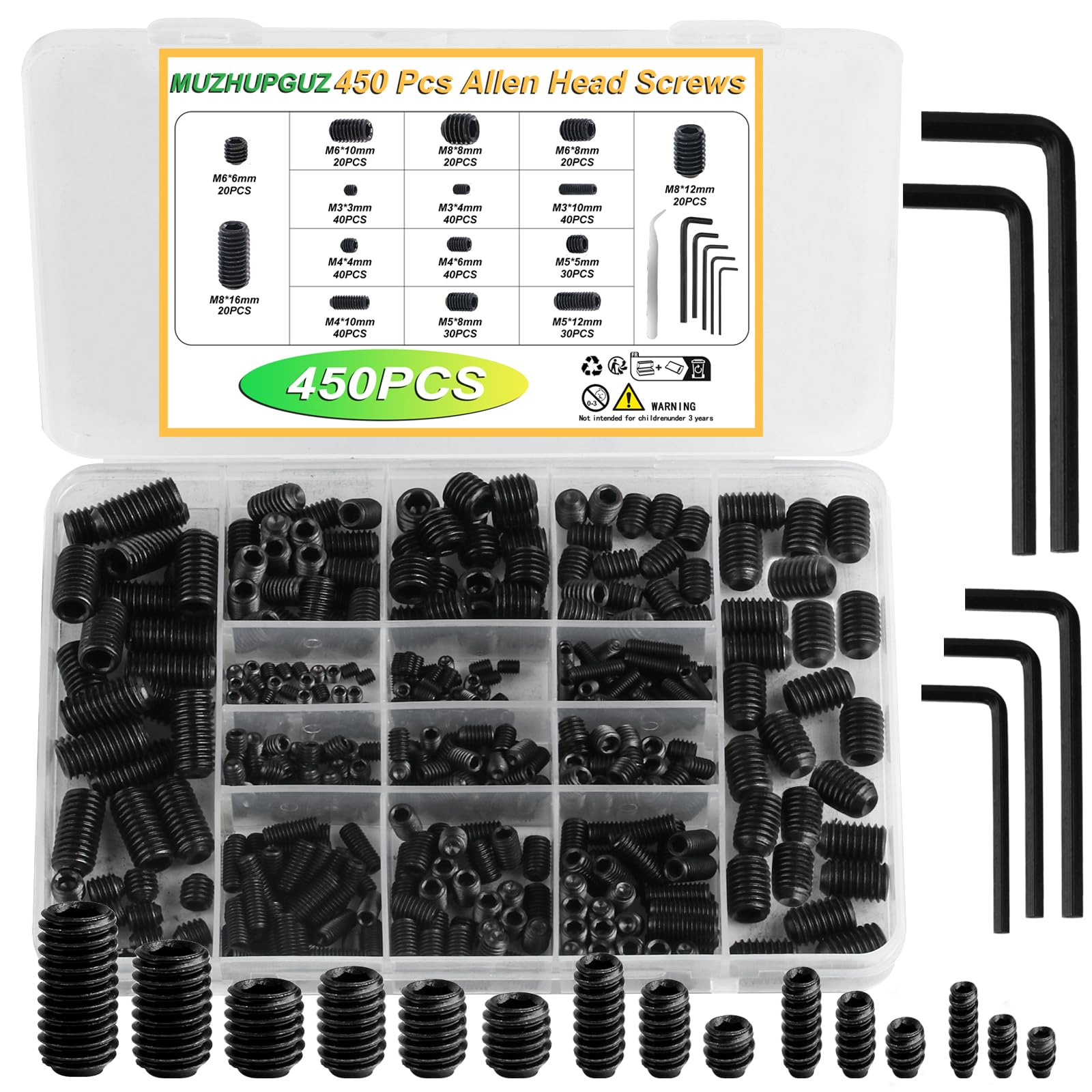 FTVOGUE 240-Piece Socket Screw Assortment Kit – Allen Head Hex Grub Screws DIN916 M3 To M8, Labeled Storage Box