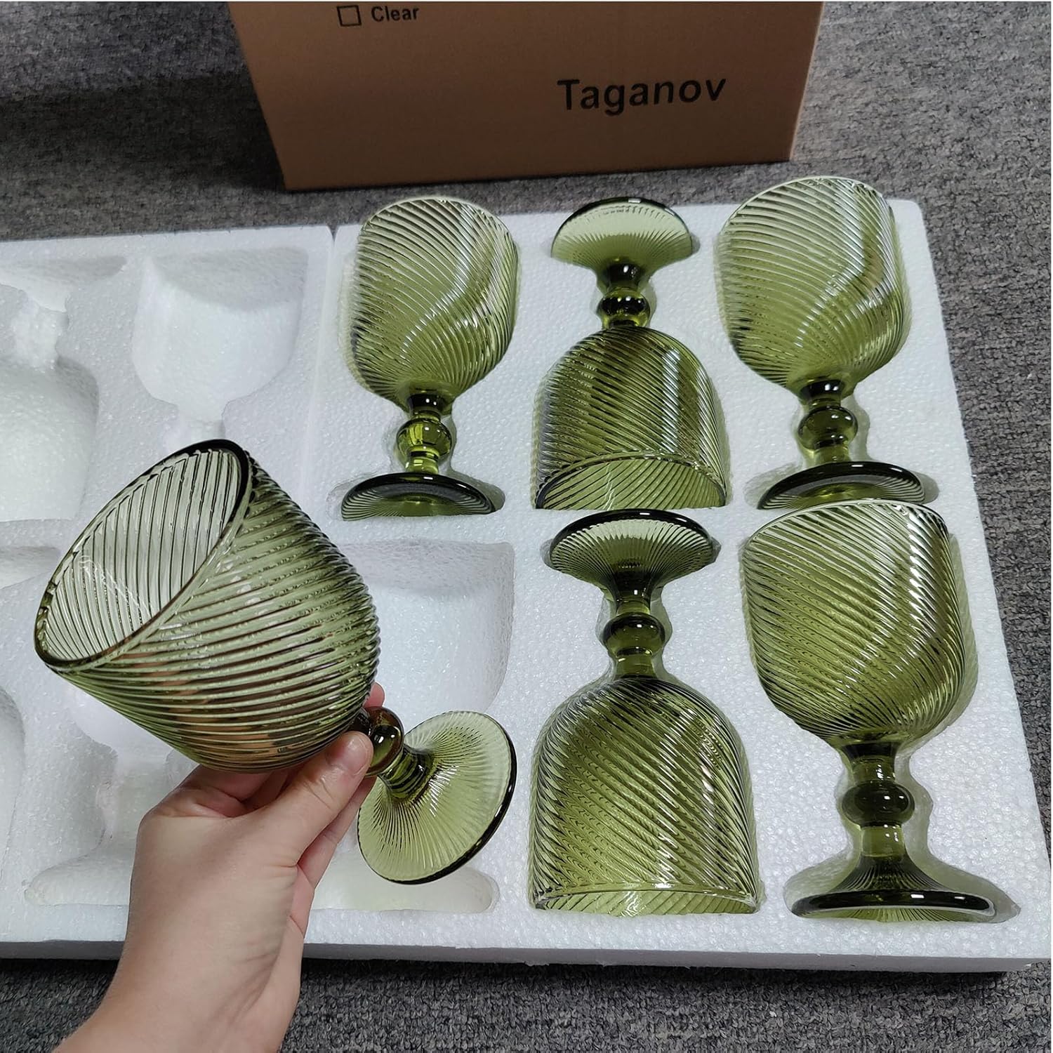Taganov Green Glasses Drinking Wine Water Goblets Glassware set of 6 Vintage Stem Glasses Stemware 12 Ounces for Wedding Party Bar Twill Pattern Striped 350 ml