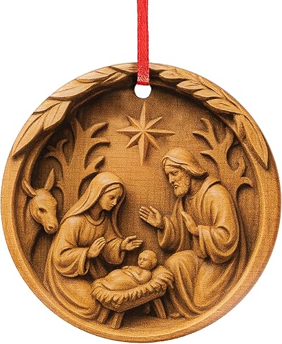 Adorno navideño acrílico de la Sagrada Familia, escena redonda de 3.5 pulgadas, estilo grabado en madera, impresa en acrílico, decoración de árbol
