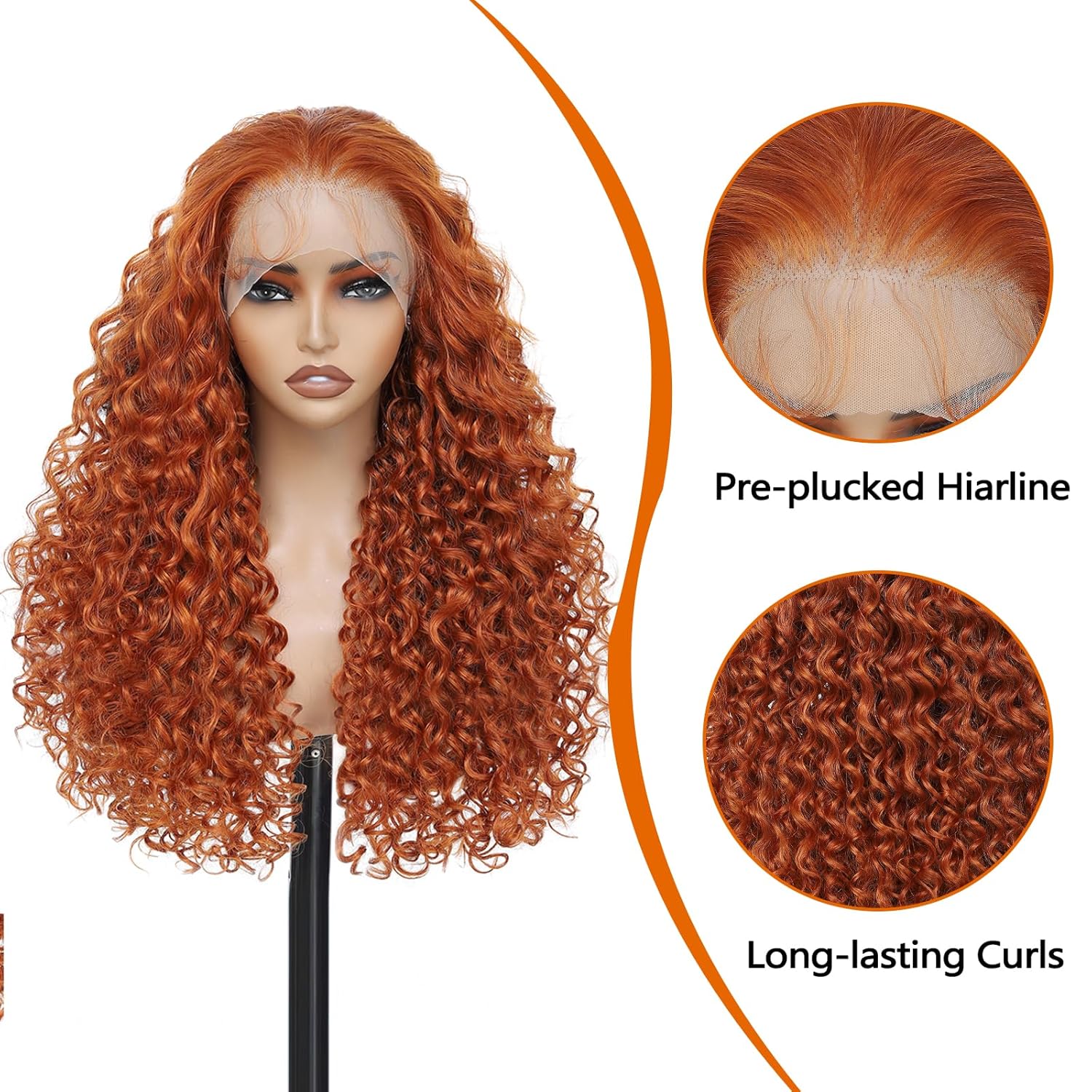 Ginger 26inch Curly Wig Transparent Lace Front Wig Pre Plucked Hairline with Baby Hair 13×6 Lace Front Wig Beginner Friendly Soft Bouncy Lasting Curls for Women