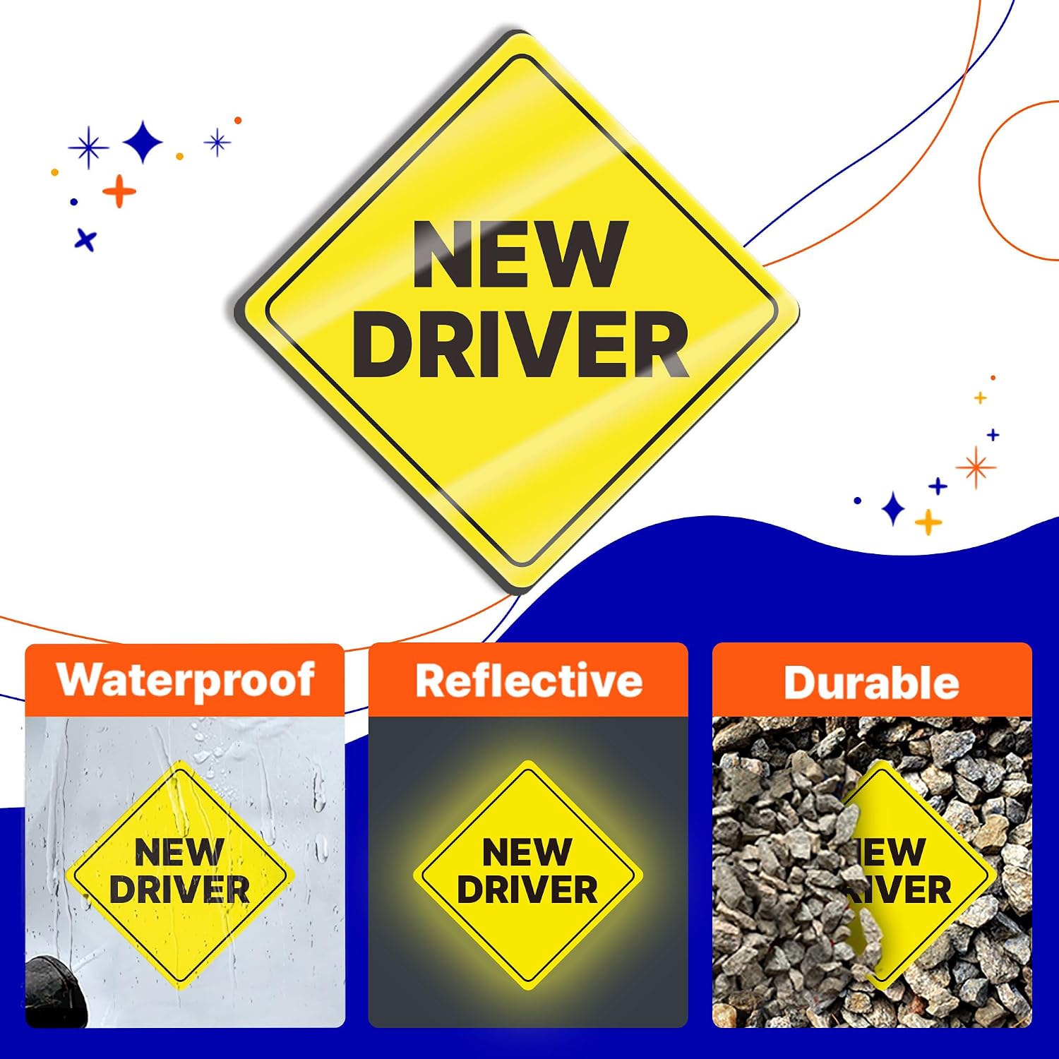 GEEKBEAR New Driver Car Sign - Sticker or Magnet & Color Options, Weather-Resistant - Diamond Shape 6.8 x 6.8 in (Reflective Magnet, Light Pink, 2 Pack)