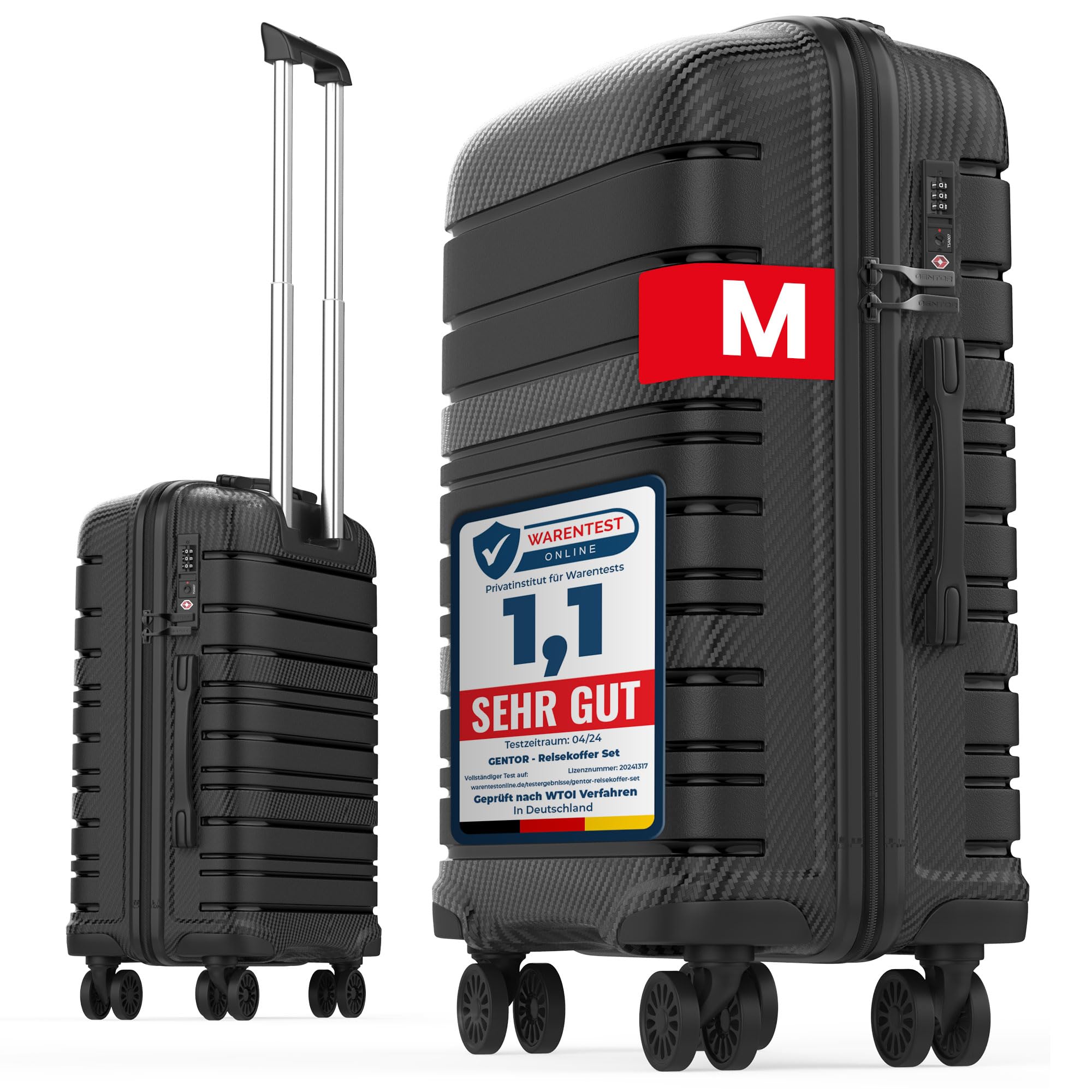GENTOR Handgepäck Koffer M 54x37x20cm – Leichter Reisekoffer mit Rollen & TSA-Schloss – Carbonoptik – 39L – Kabinengepäck Schwarz