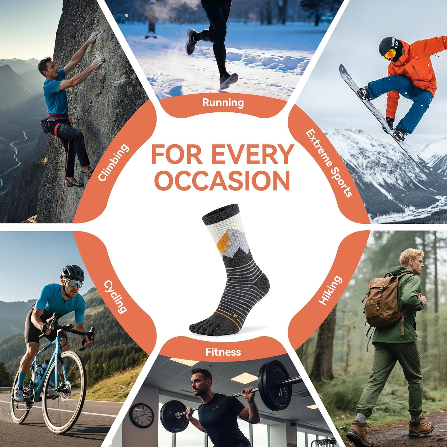 Merino Wool Toe Socks For Men And Women Hiking Crew Socks Moisture Wicking Five Toe Design,2 Pairs
