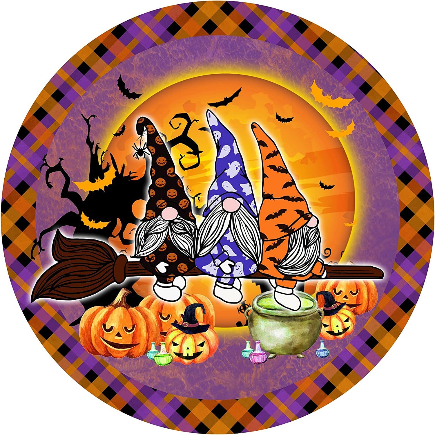 Antique Round tin Sign Halloween Wreath Logo, gnome Wreath Logo Wall Decor Novelty tin Metal Sign Plaque Pub bar Vintage Wall Decor 12x12inch