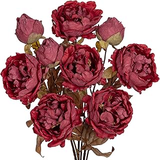 Briful Artificial Dried Look Fall Peony Flowers 3PCS 27.5in Tall Burgund...