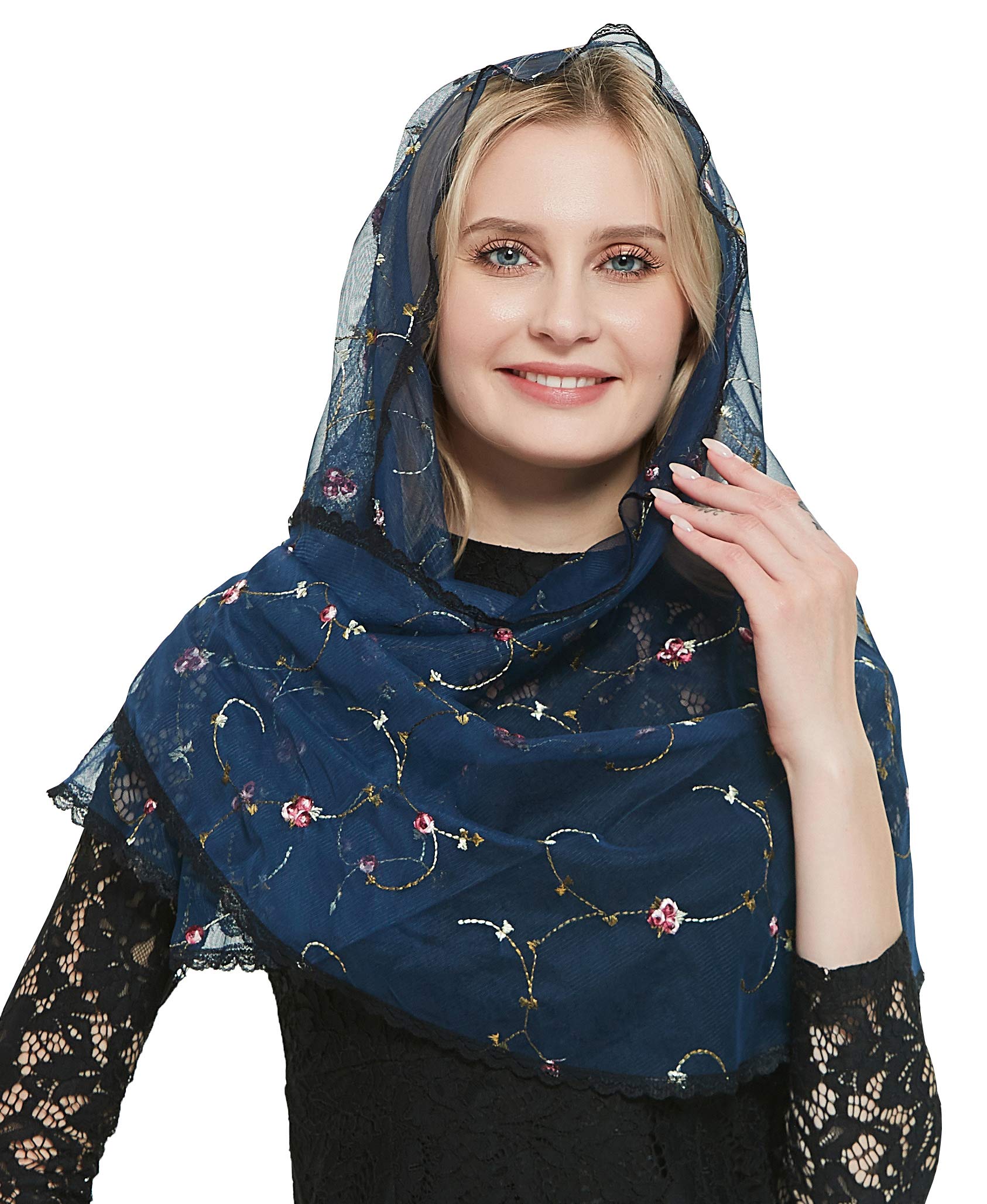 Orthodox Veil Head Covering with Embroidered Flowers Catholic Chapel Mantilla veil V50, Navy Veil, One Size