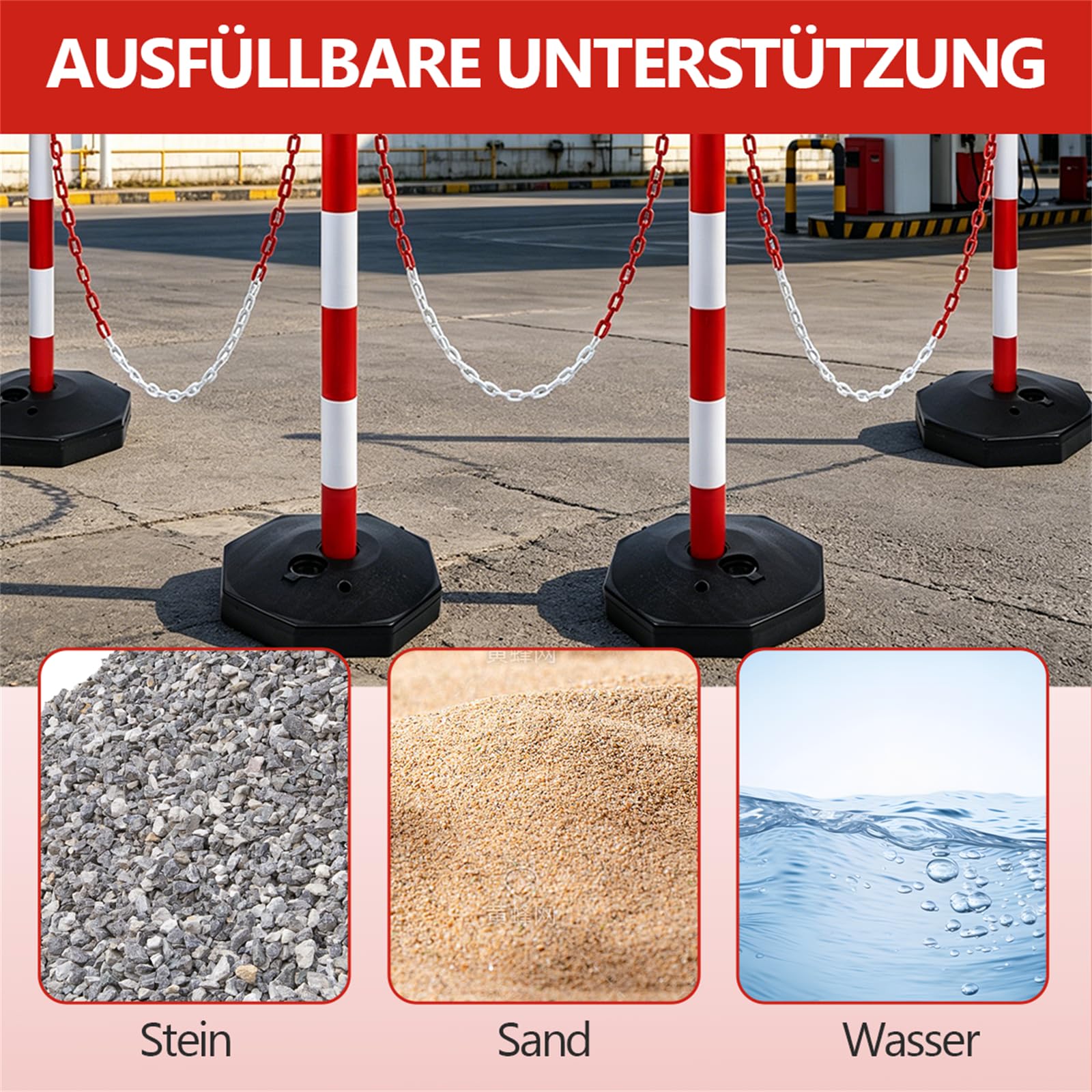 4 Stück Kettenpfosten Absperrpfosten aus Kunststoff mit Absperrkette, Kettenständer Poller Sperrpfosten mit Standfuß, parkplatz absperrung befüllbar mit Wasser und Sand