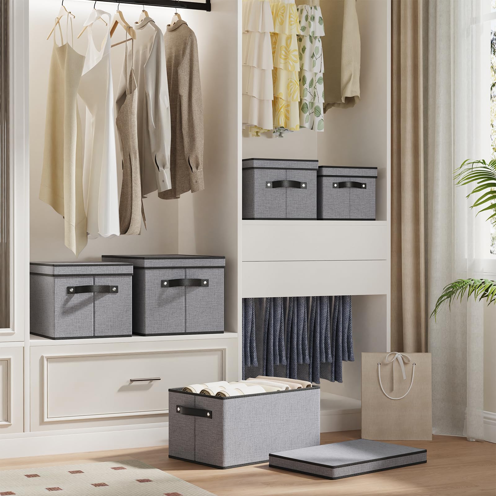 3 Piezas Cajas Almacenaje Ropa, Caja de Almacenamiento con Tapa, Cestas Organizadoras Plegable con Manija, para Toallas y otros Artículos, Gris, 33×23×18cm
