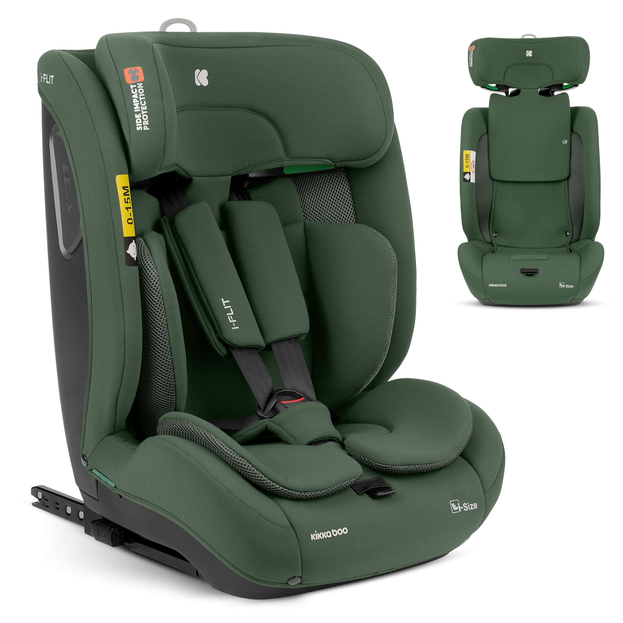 KikkaBoo i-Size i-FLIT, Seggiolino Auto 9-36 kg ISOFIX – Gruppo 1/2/3, Reclinabile, da 15 mesi a 12 anni, Protezione SPS, Top Tether, Poggiatesta Regolabile, Verde militare