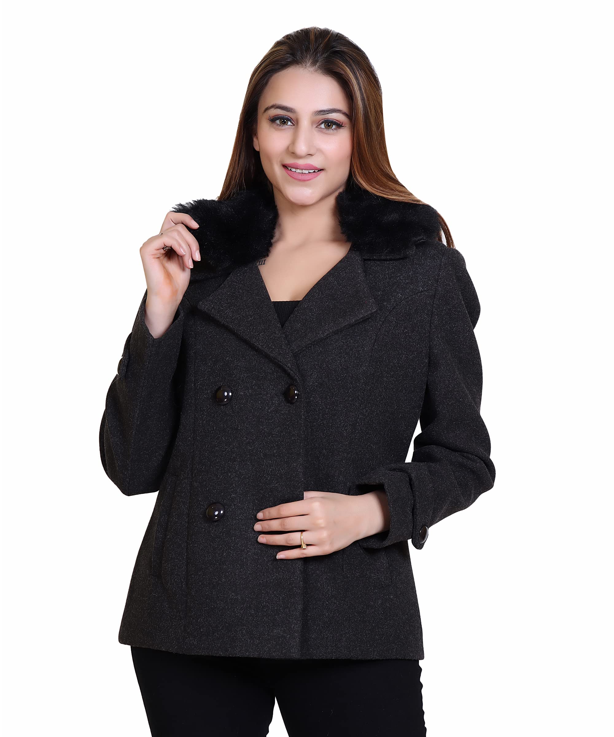 comfy sparrow Women Standard Length Wool Blend Double Breasted Short Coat with Detachable Fur Collar-picture-18