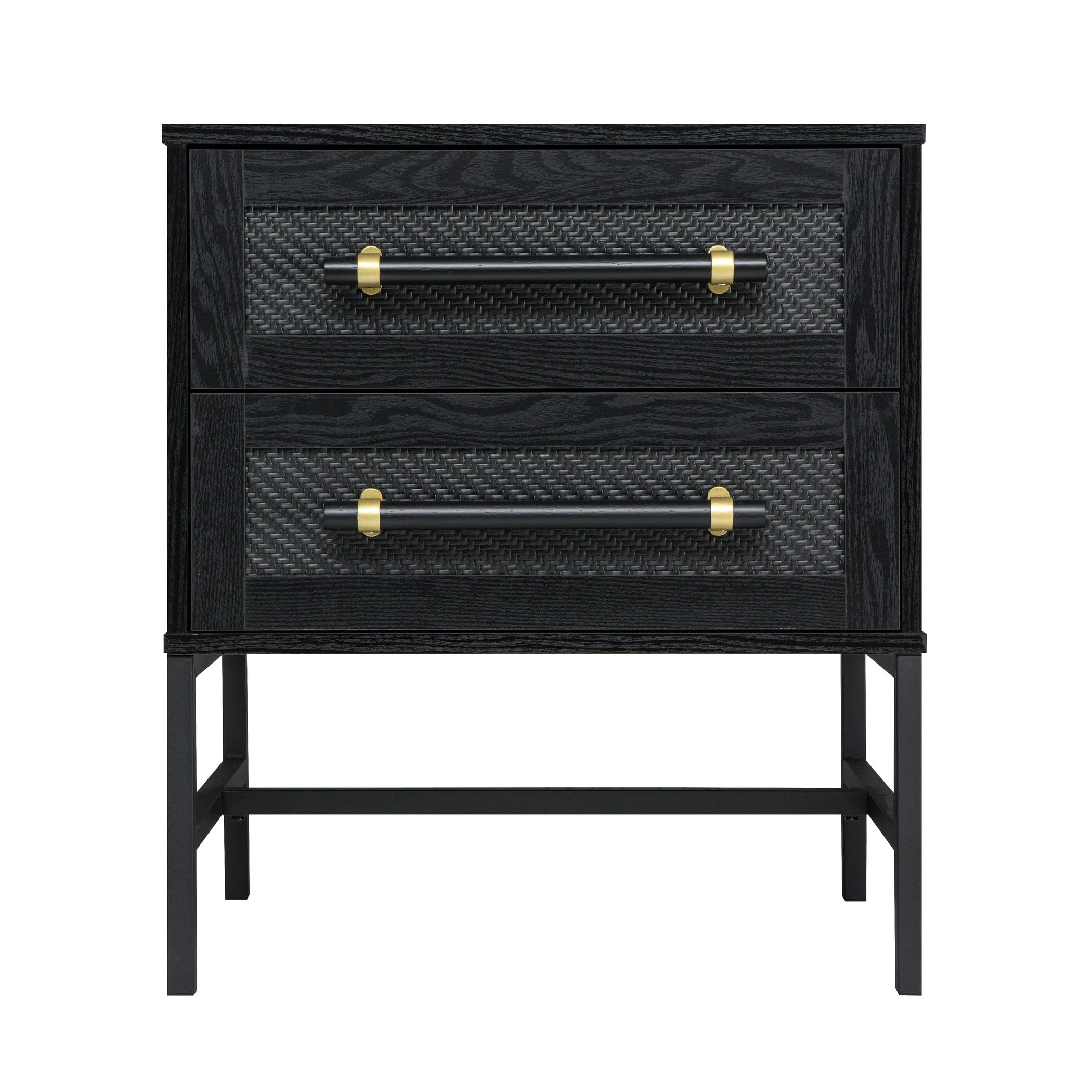 Hopper Studio Sophia 2-Drawer Nightstand in Matte Black with Textured Rattan Fronts, Oversized Gold-Tone Pulls, and Sleek Aluminium Base- Modern