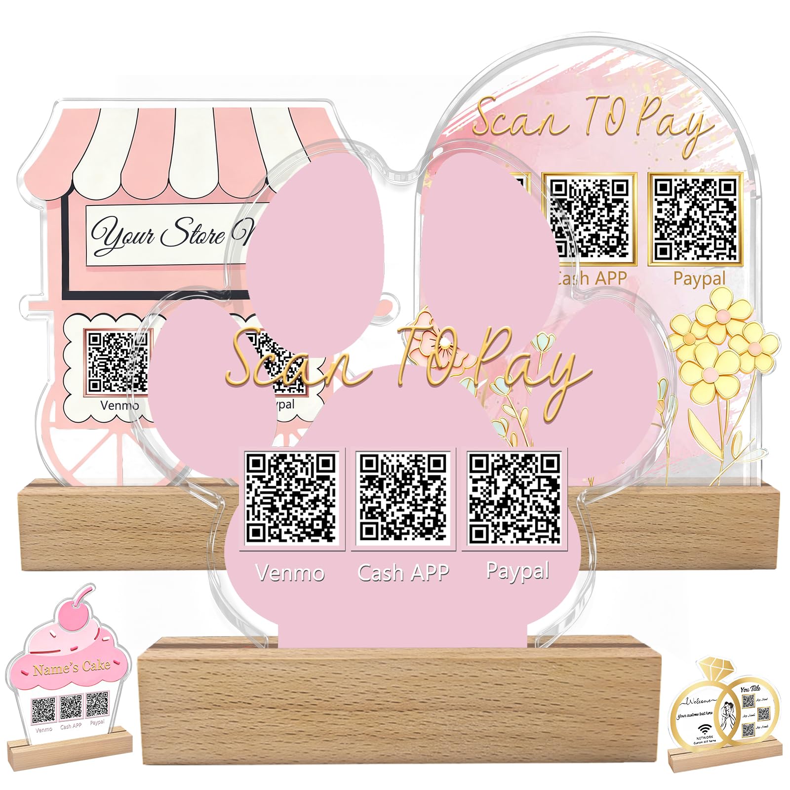 Custom Acrylic Multi QR Code Sign for Business Personalised Venmo Zelle Cashapp Paypal Scan to Pay QR Display Social Media Wifi QR Code Plaque for Salon Beauty Store-Dog Paw Shape