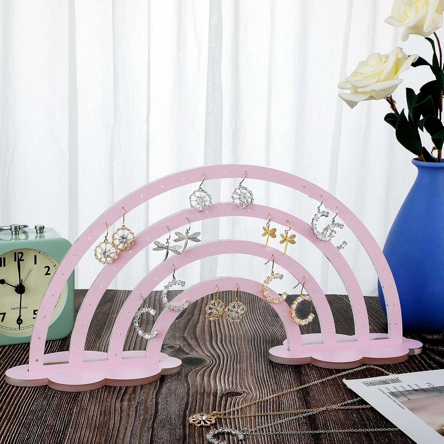 Purpeak Acrylic Earring Holder Stand Rainbow Acrylic Earrings Display Pegboard with Base 74 Holes Acrylic Earring Stand Jewelry Hanging Organizer Ear Studs Display Rack Double Side (Pink)