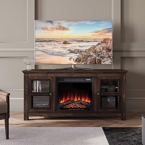 BELLEZE Modern 50" Farmhouse TV Stand with 18" Electric Fireplace Heater & Media Entertainment Center Console Table for TV up to 55" with Open Storage Shelves & Cabinets - Kenton (Espresso)