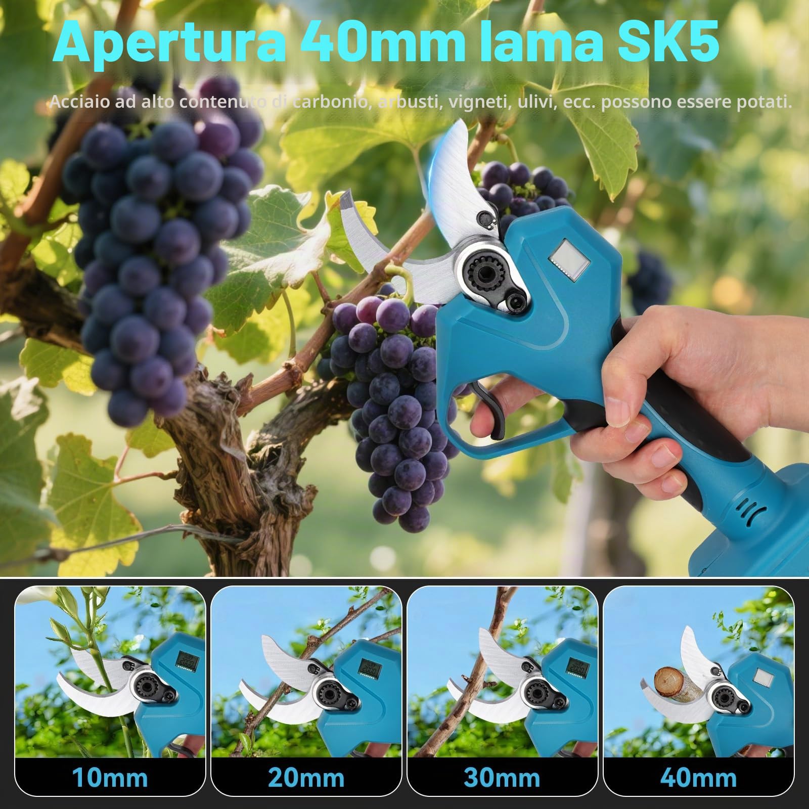 Forbici Potatura a Batteria 40 mm, Cesoia da Potatura Elettrica con Display,Motore Brushless, Lama SK5, 2 Batterie 2.0Ah, per Alberi e Arbusti Giardinaggio e Vigneto