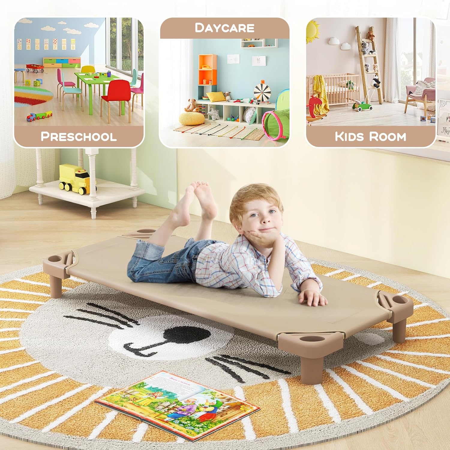 Costzon Stackable Kids Naptime Cot, Toddler Daycare Cots Rest Mat w/Easy Lift Corner Oxford Cloth Ready-to-Assemble, Space Saving Sleeping Cots for Daycare Kids Preschool Classroom (Beige, 6pcs)