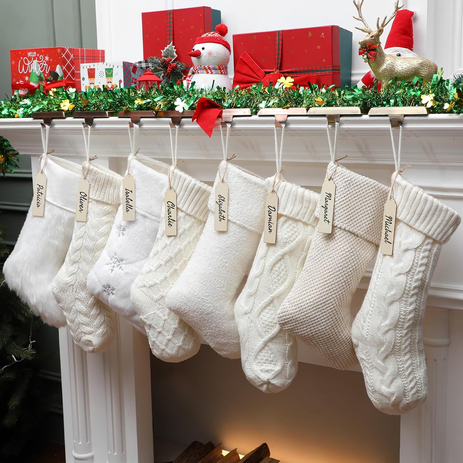 8 Pcs Rustic Christmas Stockings Set, 18" & 20" Large Farmhouse Boho White Cream Cable Knit Xmas Stockings Bulk, Modern with Plush Faux Fur Name Tags for Family Holiday Decor