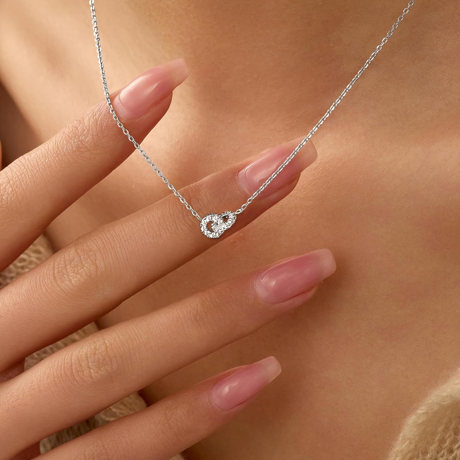 925 Sterling Silver Dainty Interlocking Circles Necklaces for Women 14K Gold Plated Double Hoop CZ Pendant Necklace Lobster Buckle to Daughter Mother Friendship Wedding Christmas Jewelry Gift for Her - Image 2