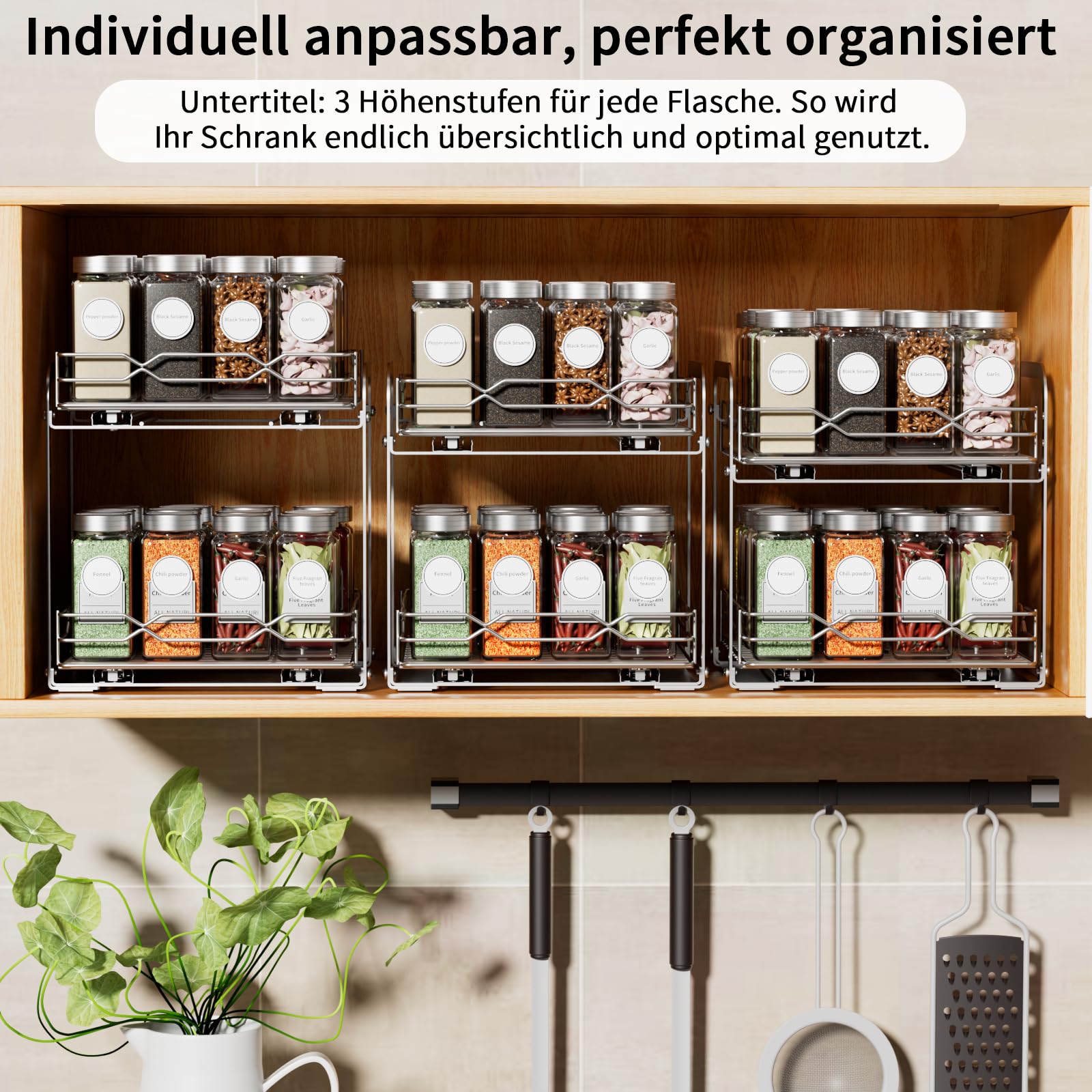 Gewürzregal Ausziehbar, Edelstahl Gewürz Organizer, 2 Etagen Höhenverstellbar Gewürzregal Schrank Küchen Organizer, Gewurzregalsystem für Küchen Schrank，Gewürzregal Stehend für schrank innen