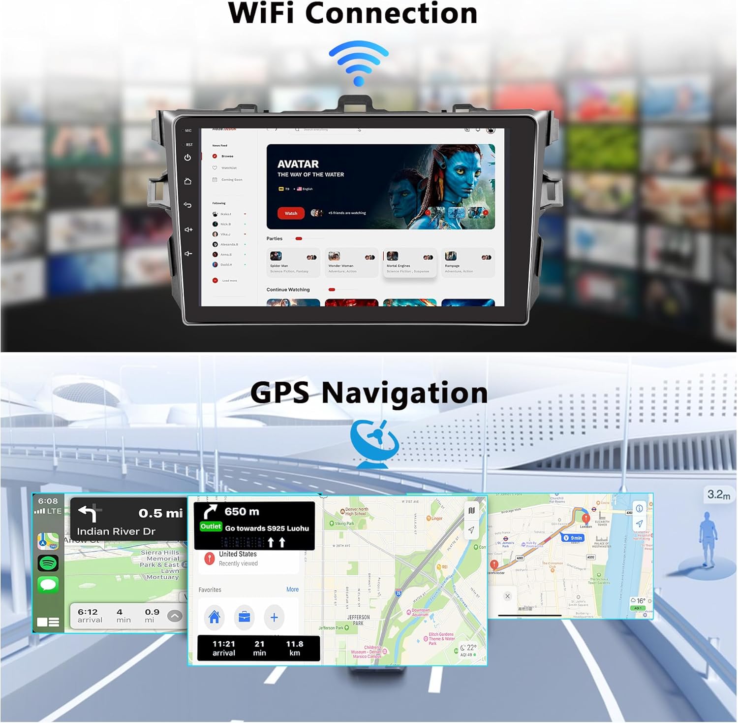 Car Stereo for Toyota Corolla 2007-2012 with Wireless Apple Carplay and Android Auto,9 Inch Touch Screen Car Radio with 4K Camera Support BT/Mirror Link/FM/WiFi/GPS Navigation, 2GB+32GB,