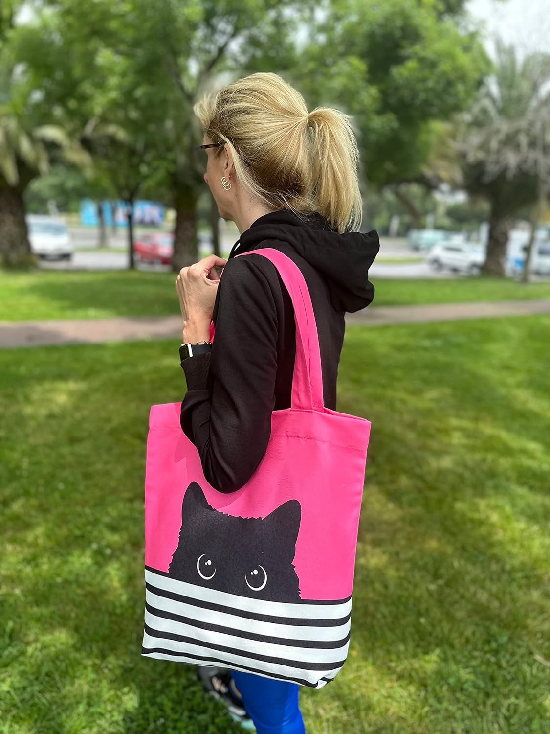 Cute Kitty Tote Bag - Cat Mom Gift - Reusable Canvas Bag - Birthday Bag - Large Book Tote (Fuchsia Cat) - Image 2
