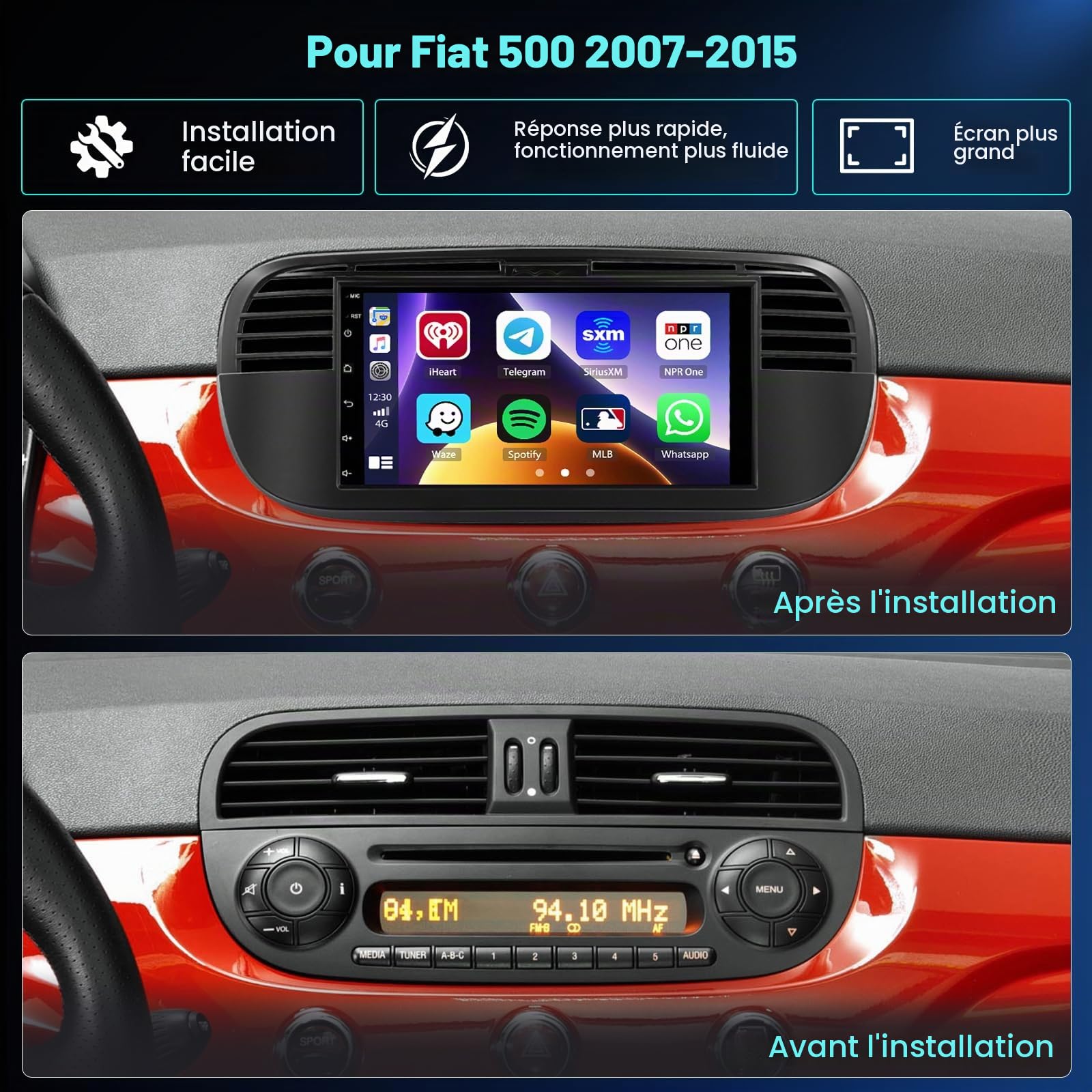 Hikity 4+64G 7" Autoradio Android pour Fiat 500 2007-2015 CarPlay