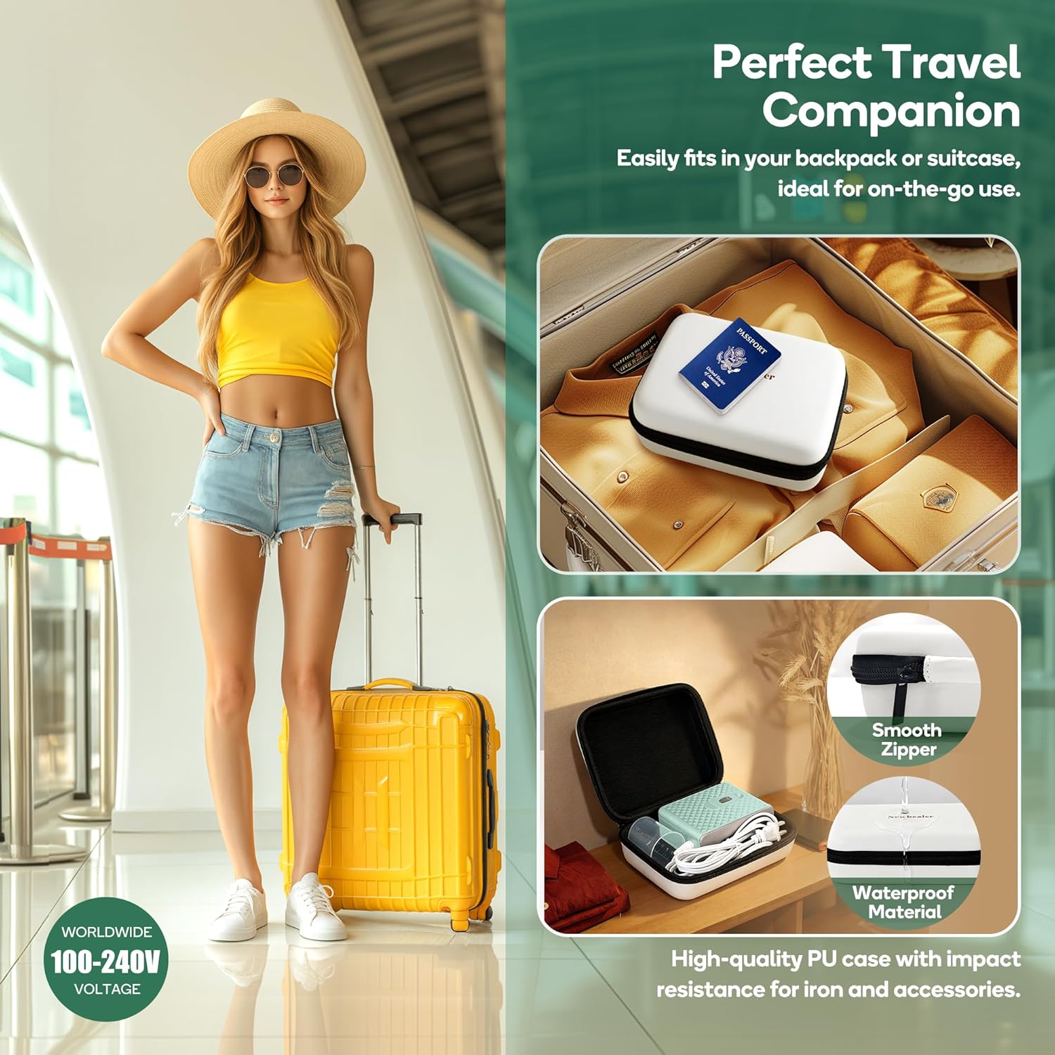 Newbealer Travel Steam Iron for Clothes, Global Voltage 100-240V Handheld Steamer, 293℉ Dry Iron, Non-Stick Ceramic Soleplate, Horizontal & Vertical Steaming, Auto-off, Silicone Mat &Carry Bag (Green)